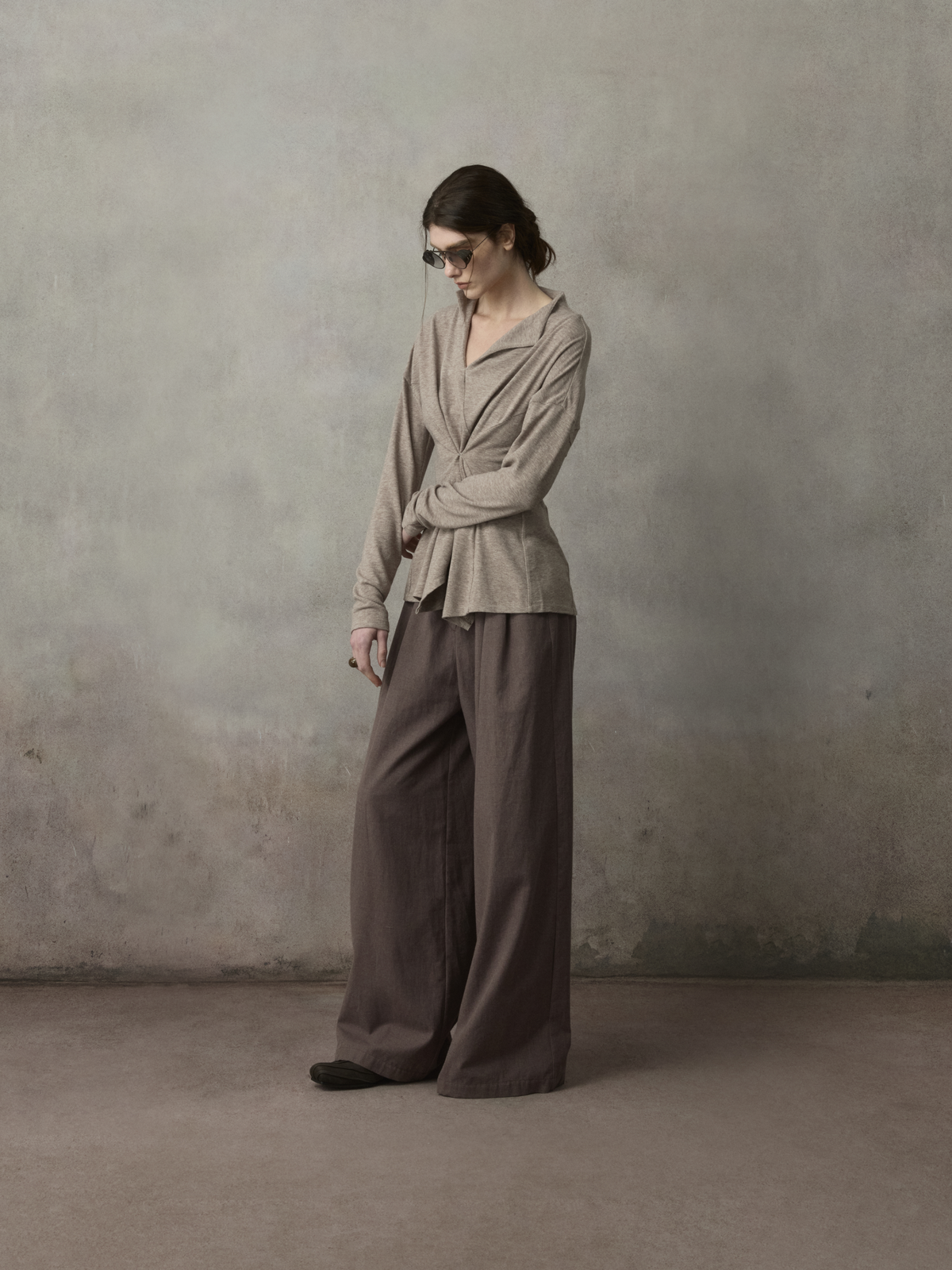 Purpleish Coffee Asymmetrical-Placket Pleated Pants