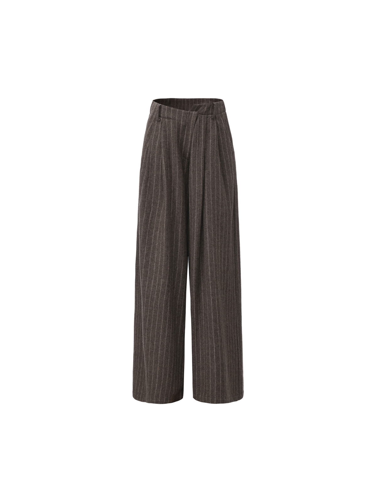 Grey Striped Asymmetrical-Placket Pleated Pants
