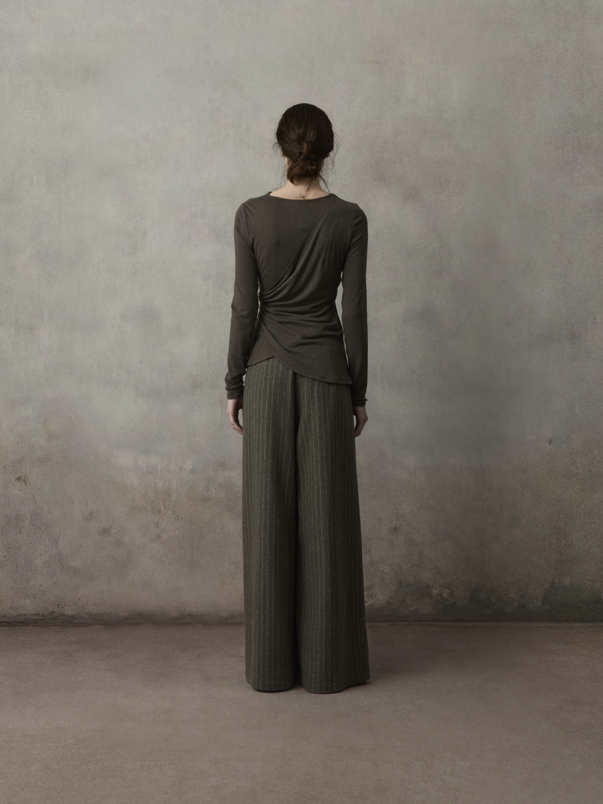 Grey Striped Asymmetrical-Placket Pleated Pants
