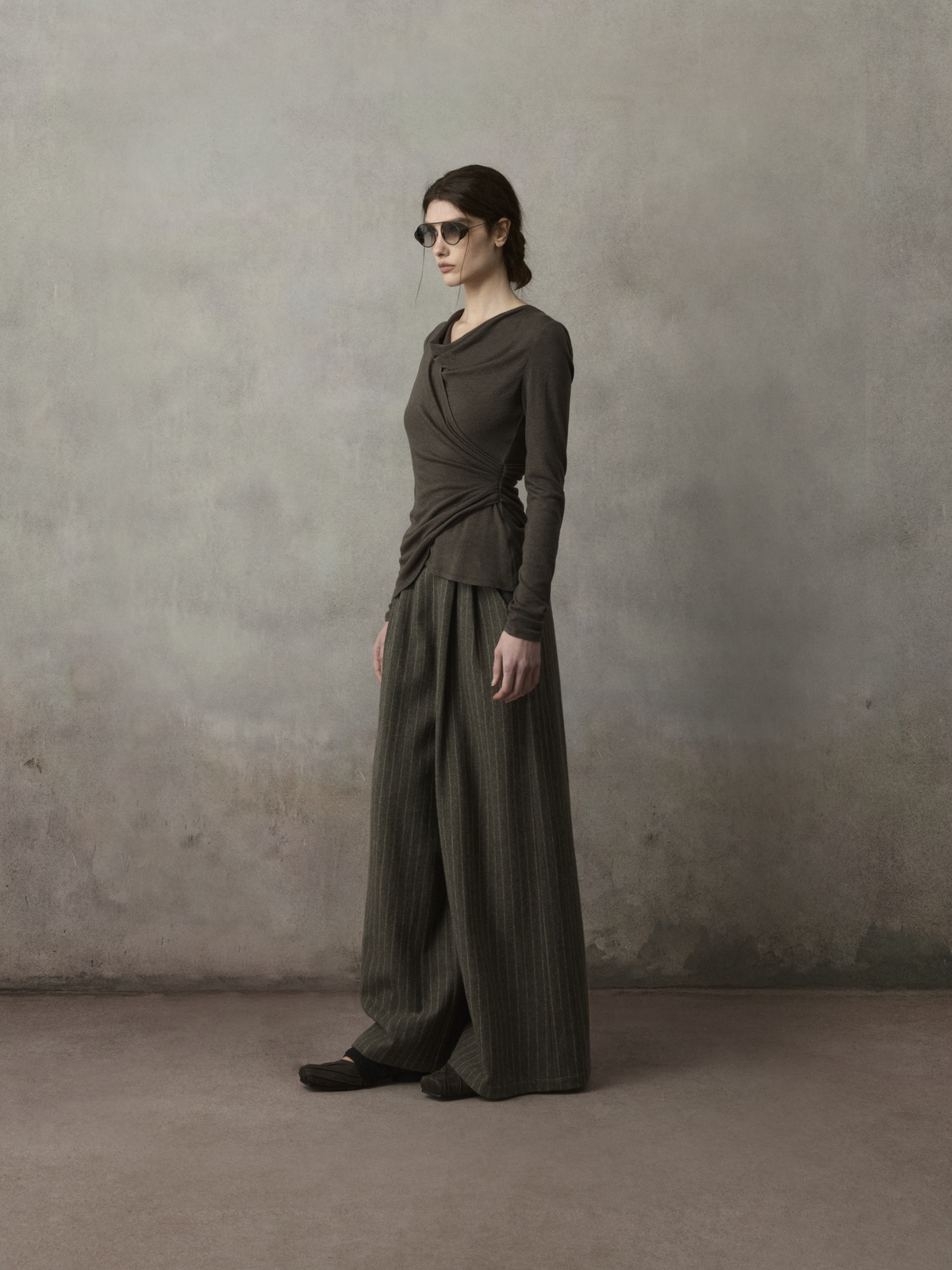 Grey Striped Asymmetrical-Placket Pleated Pants