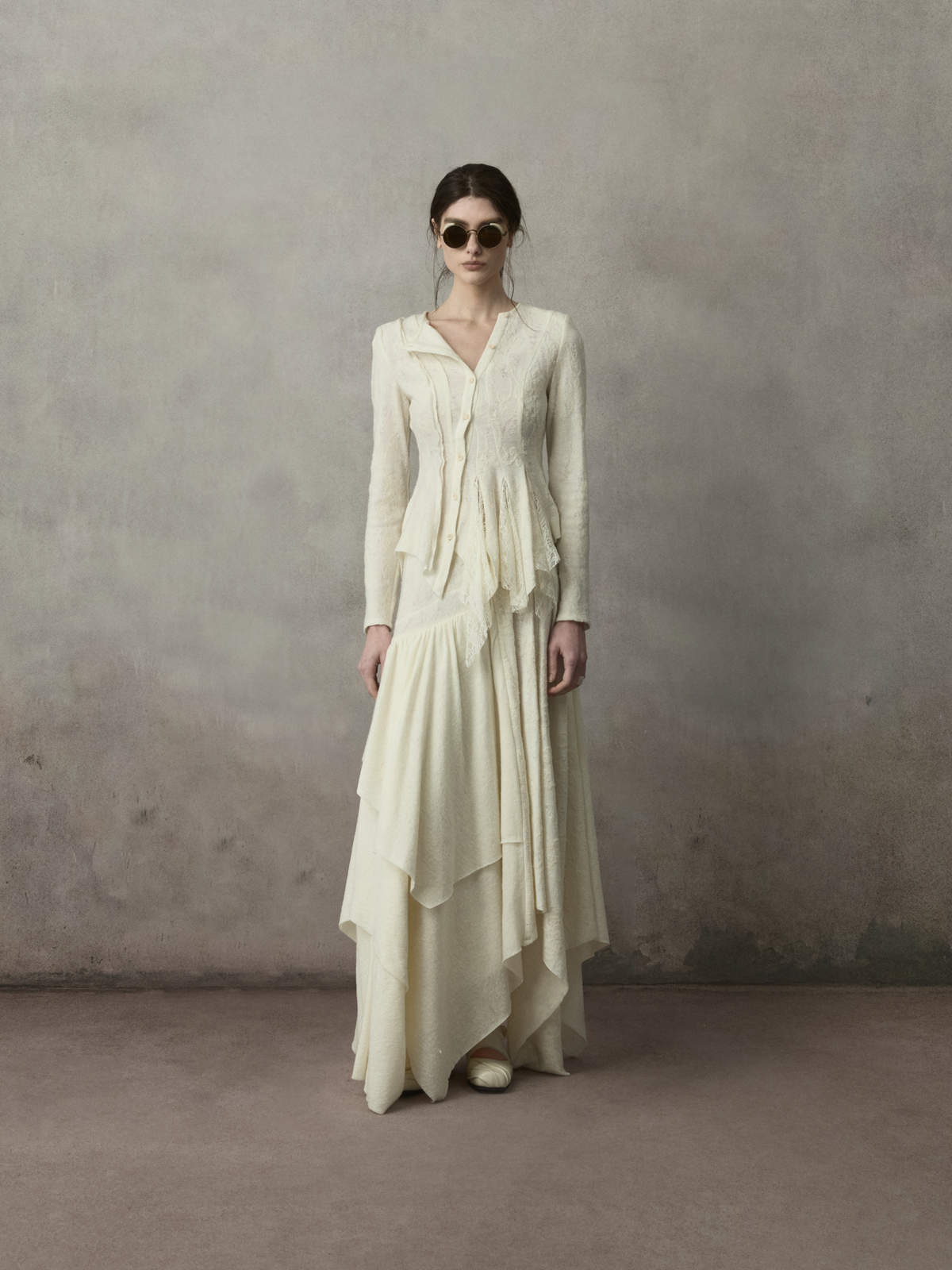 White Lace Panel Inserted Wool Cardigan