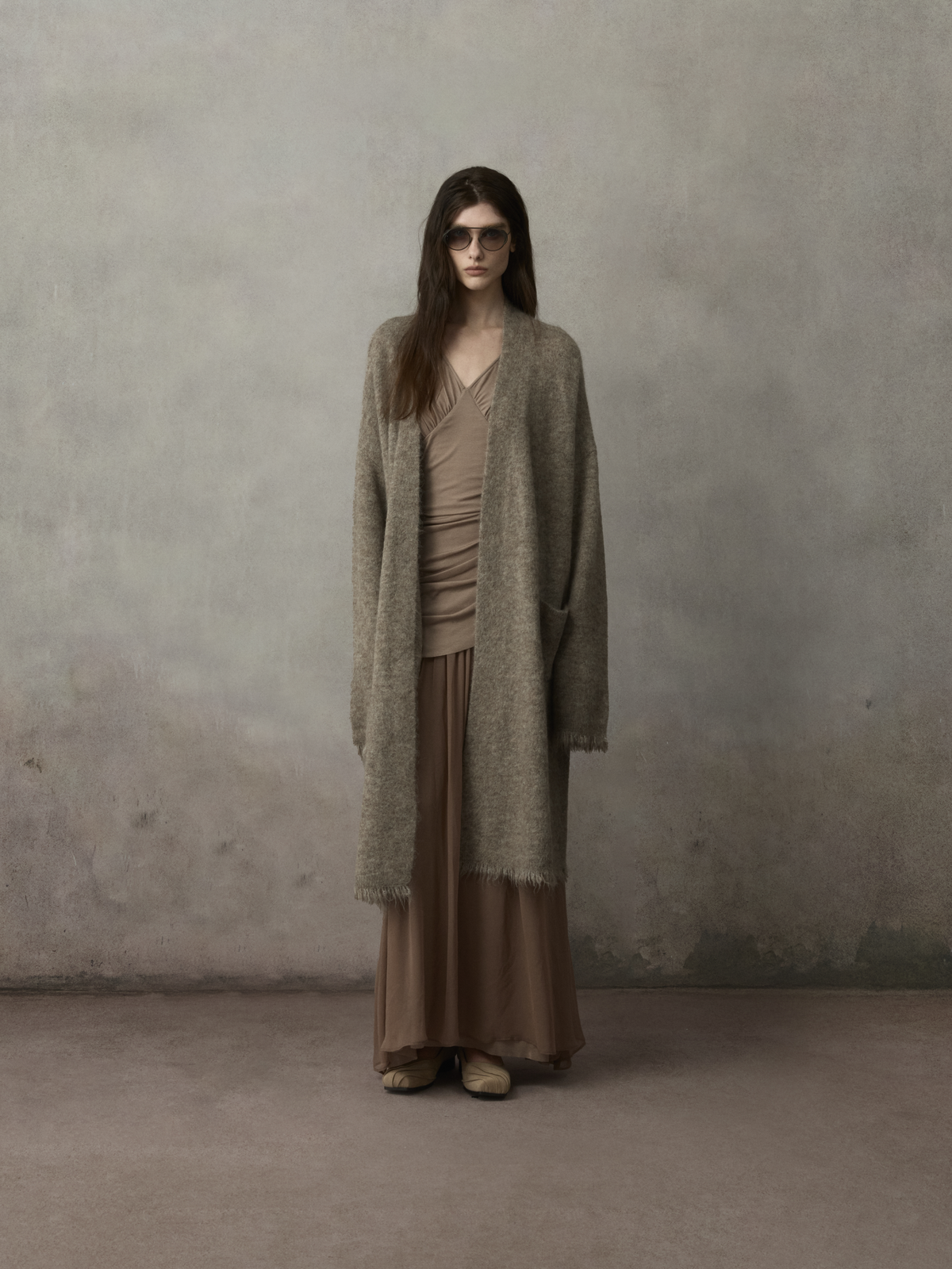 Grey Taupe Knit Belt Long Cardigan