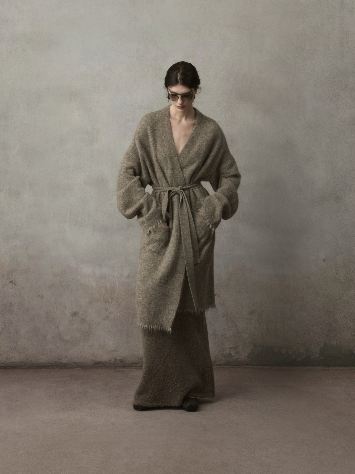 Grey Taupe Knit Belt Long Cardigan