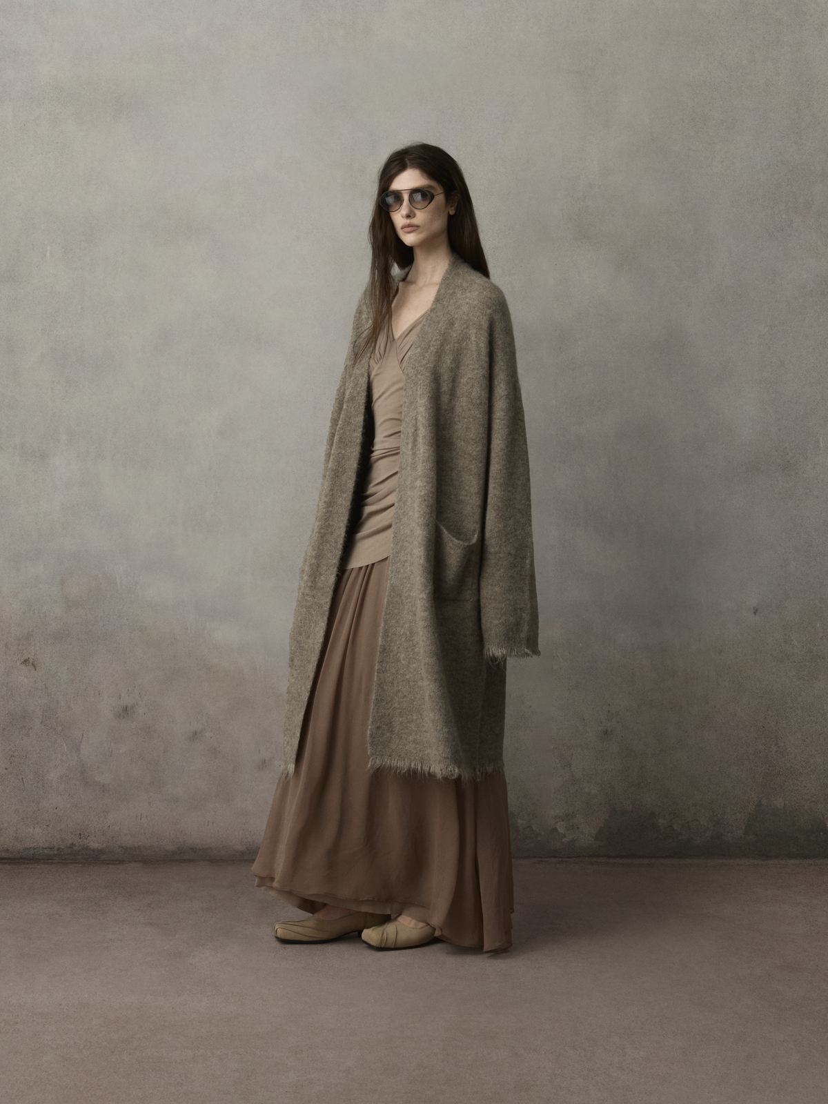 Grey Taupe Knit Belt Long Cardigan
