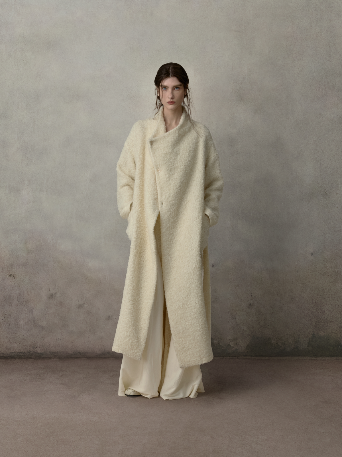 Stand Collar Belted Boucle Coat
