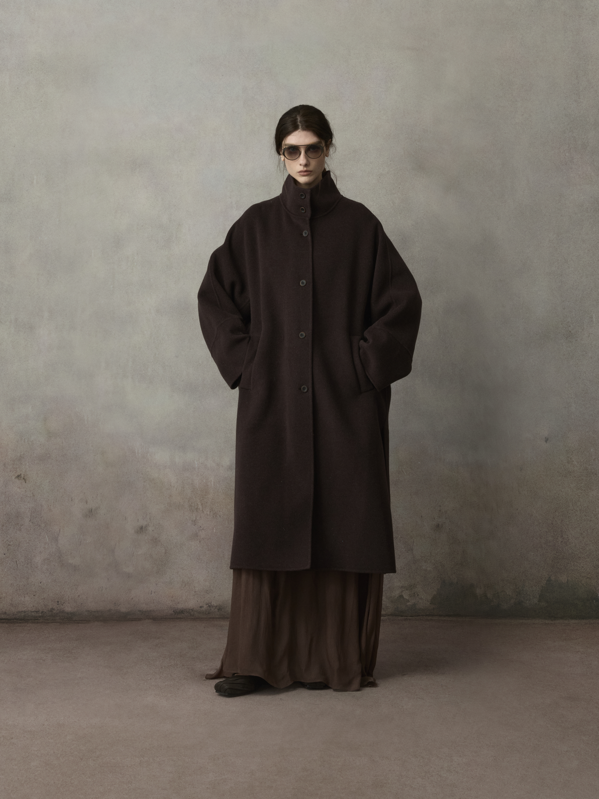 Violet Brown Stand Collar Double-Face Wool Coat