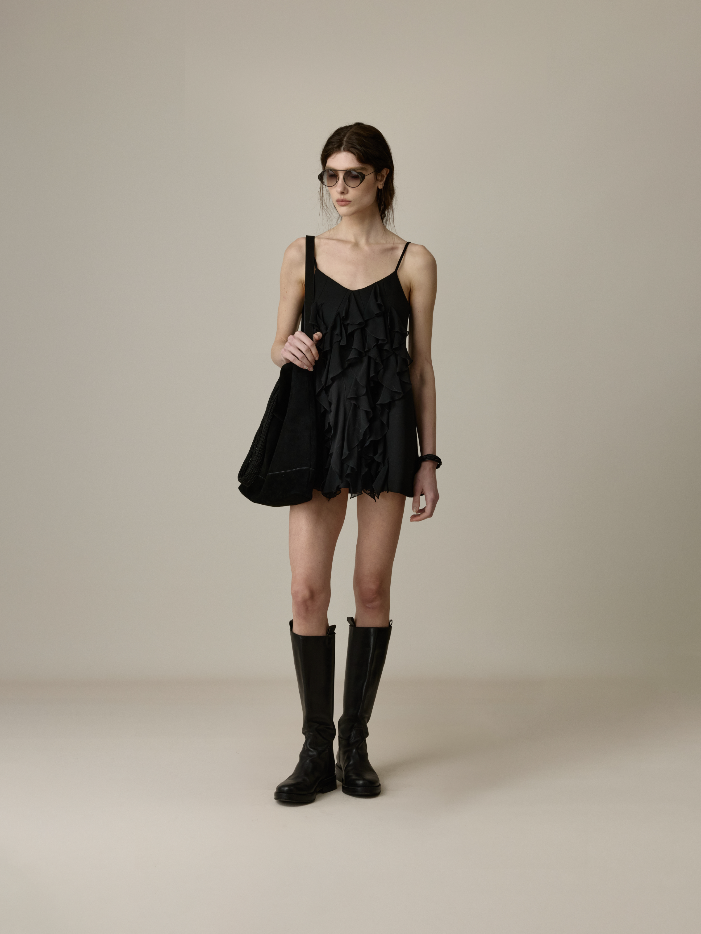 Black Asymmetric Ruffle Slip Dress