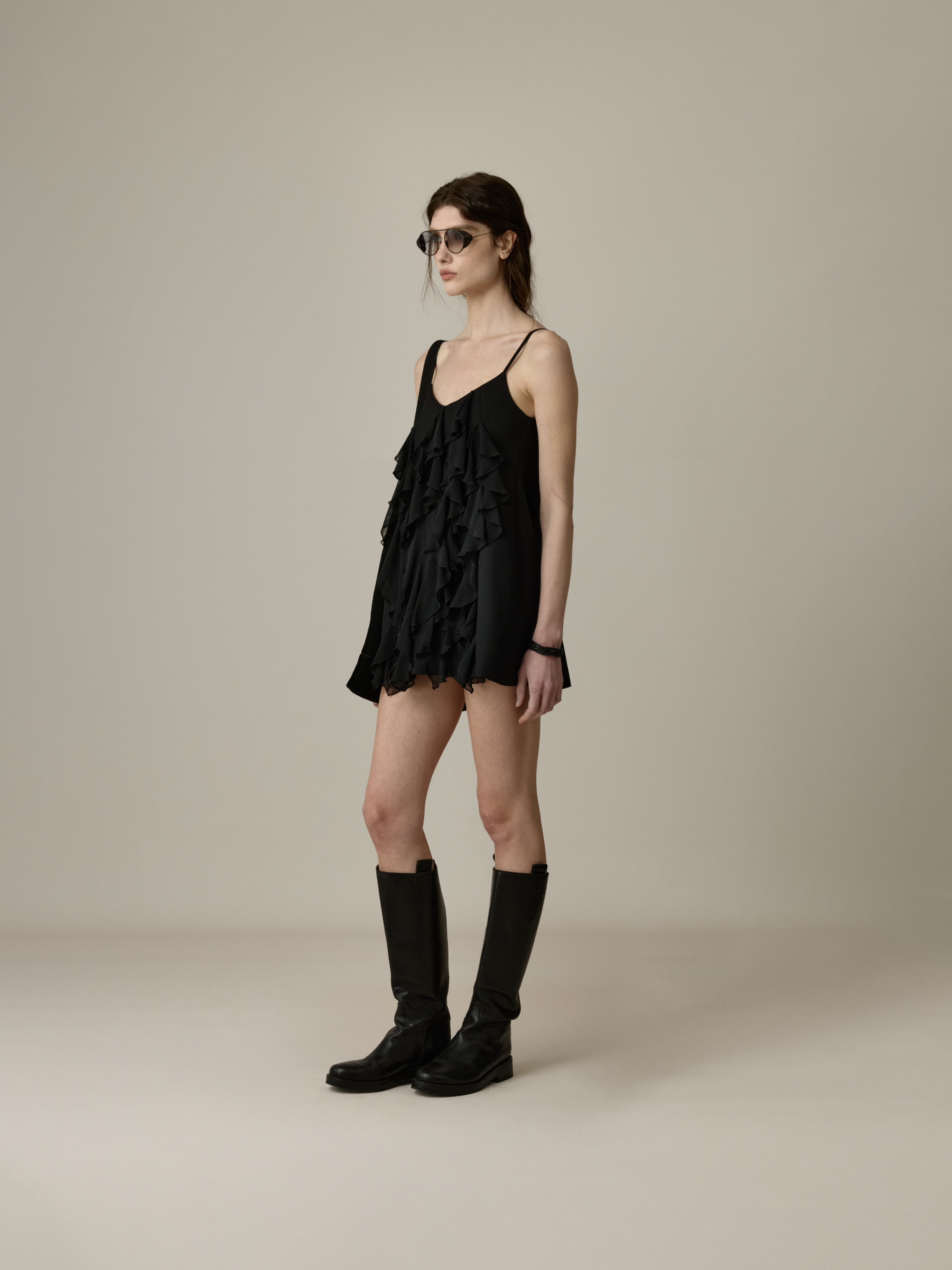 Black Asymmetric Ruffle Slip Dress