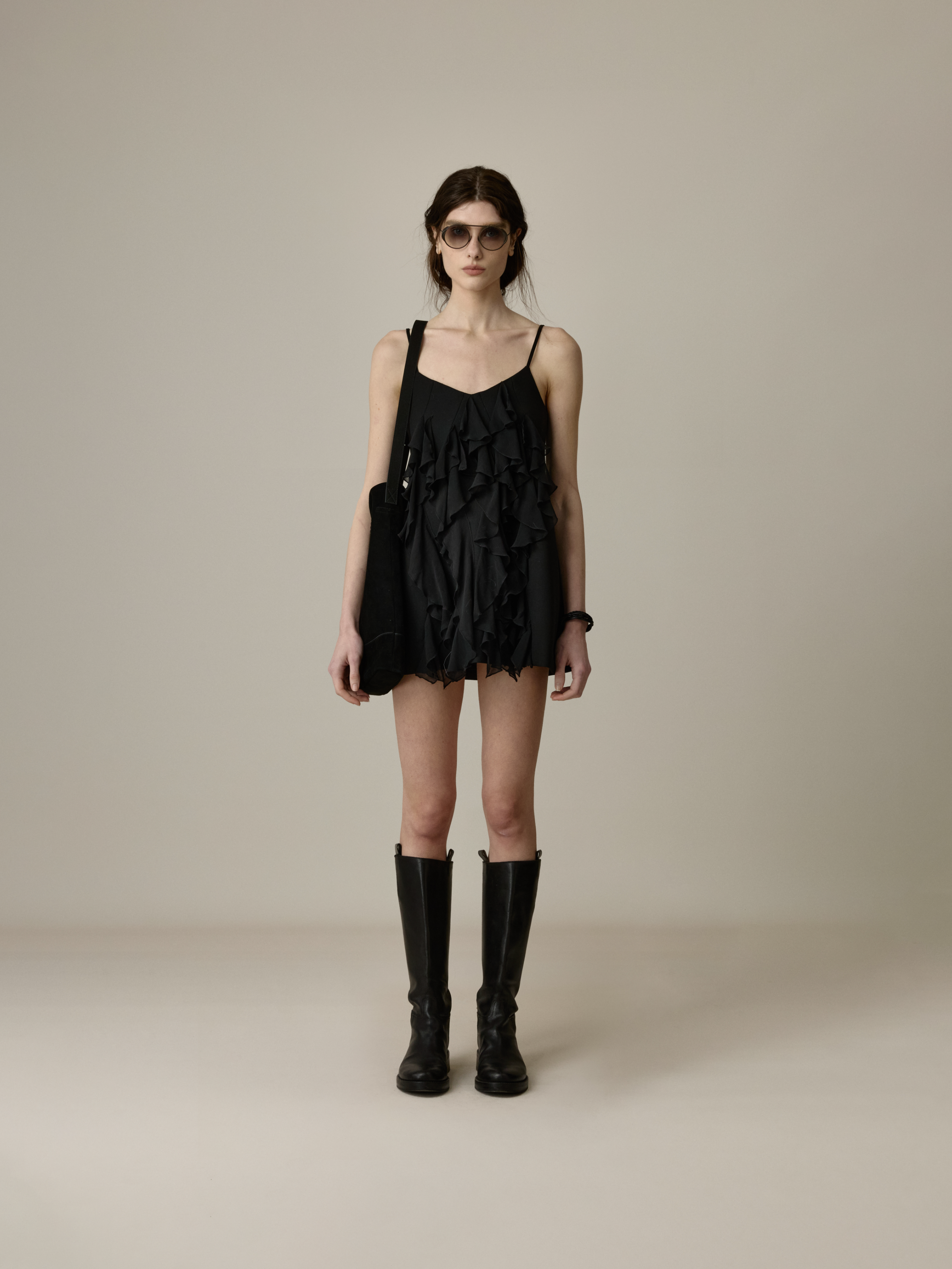 Black Asymmetric Ruffle Slip Dress