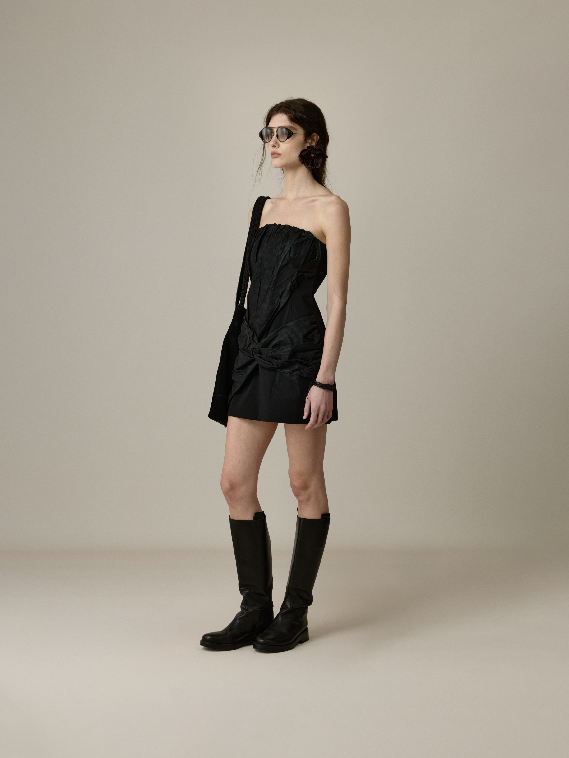 Black Ruched Leather Bodycon Bandeau Dress