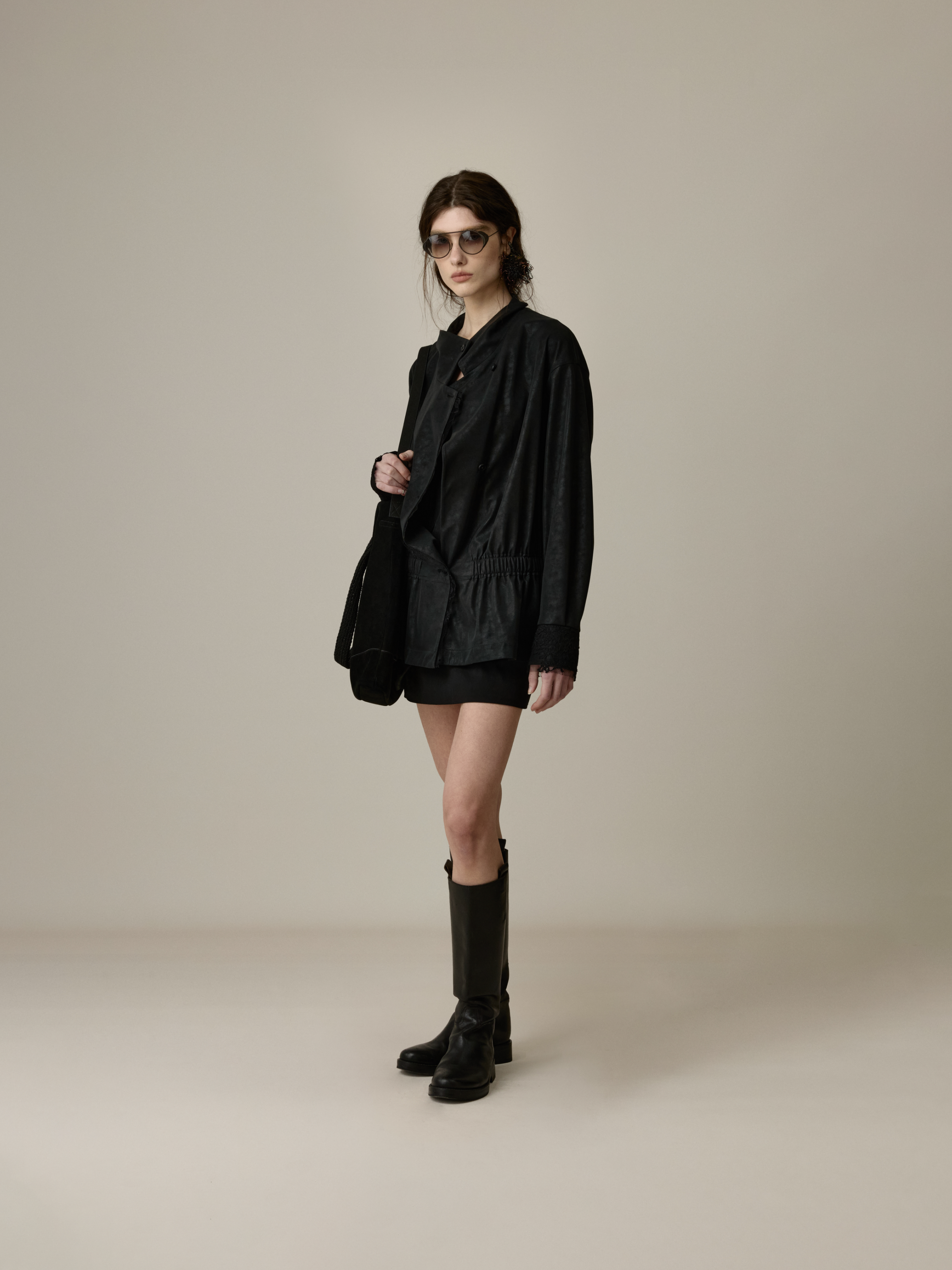 Black Lace Paneled Leather Jacket