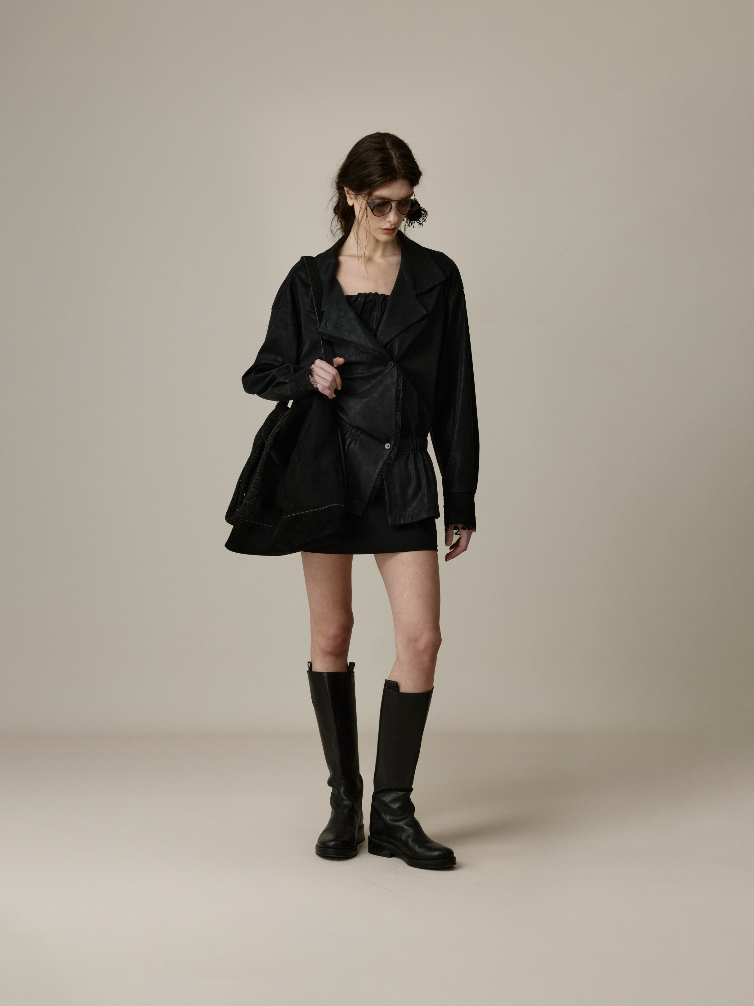 Black Lace Paneled Leather Jacket