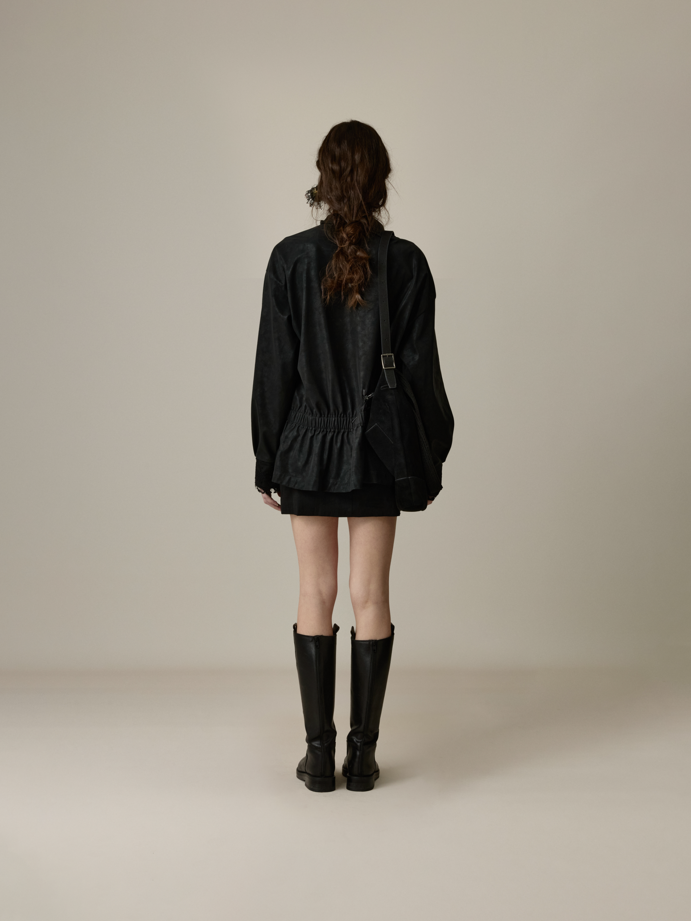 Black Lace Paneled Leather Jacket