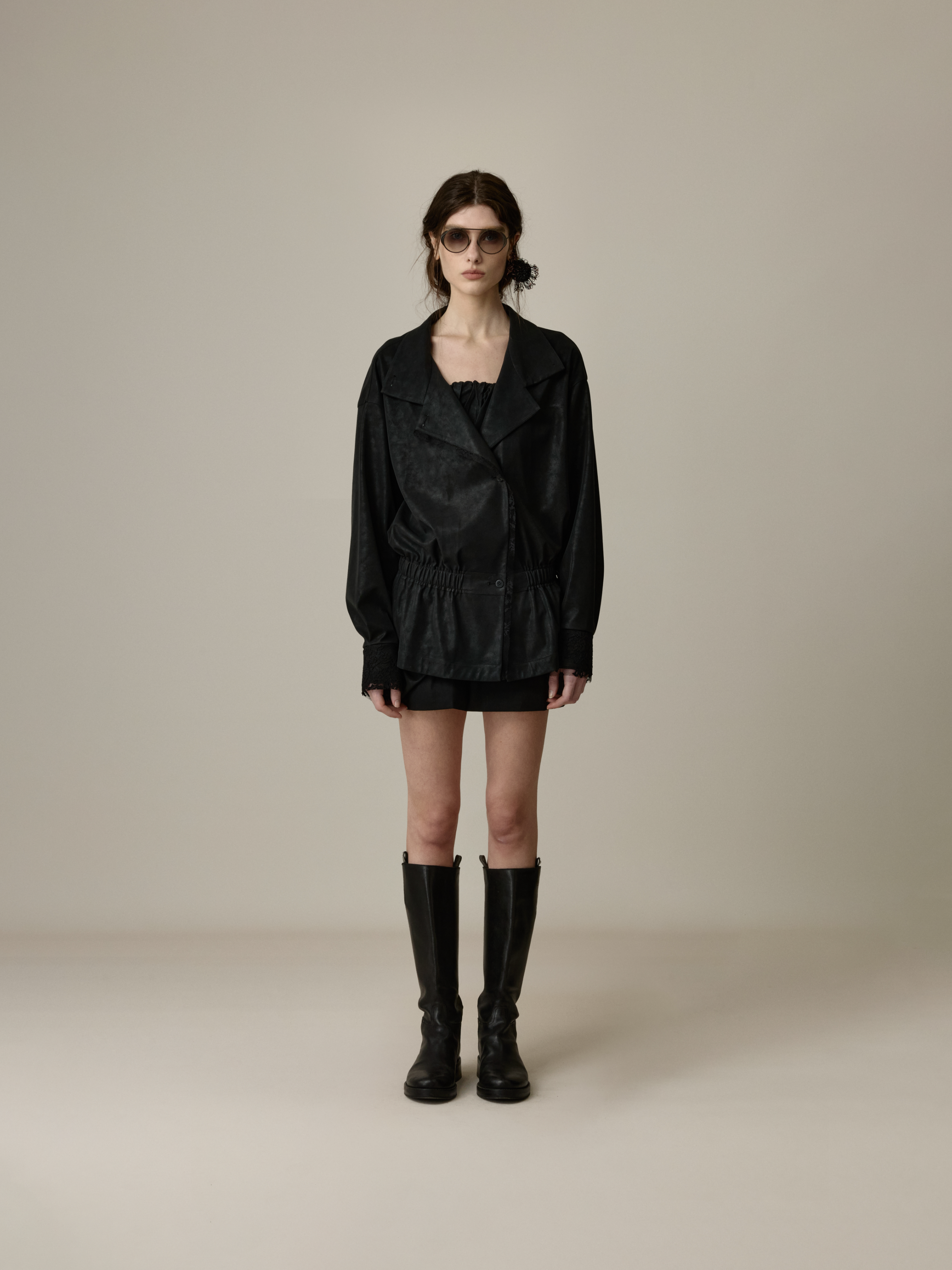 Black Lace Paneled Leather Jacket