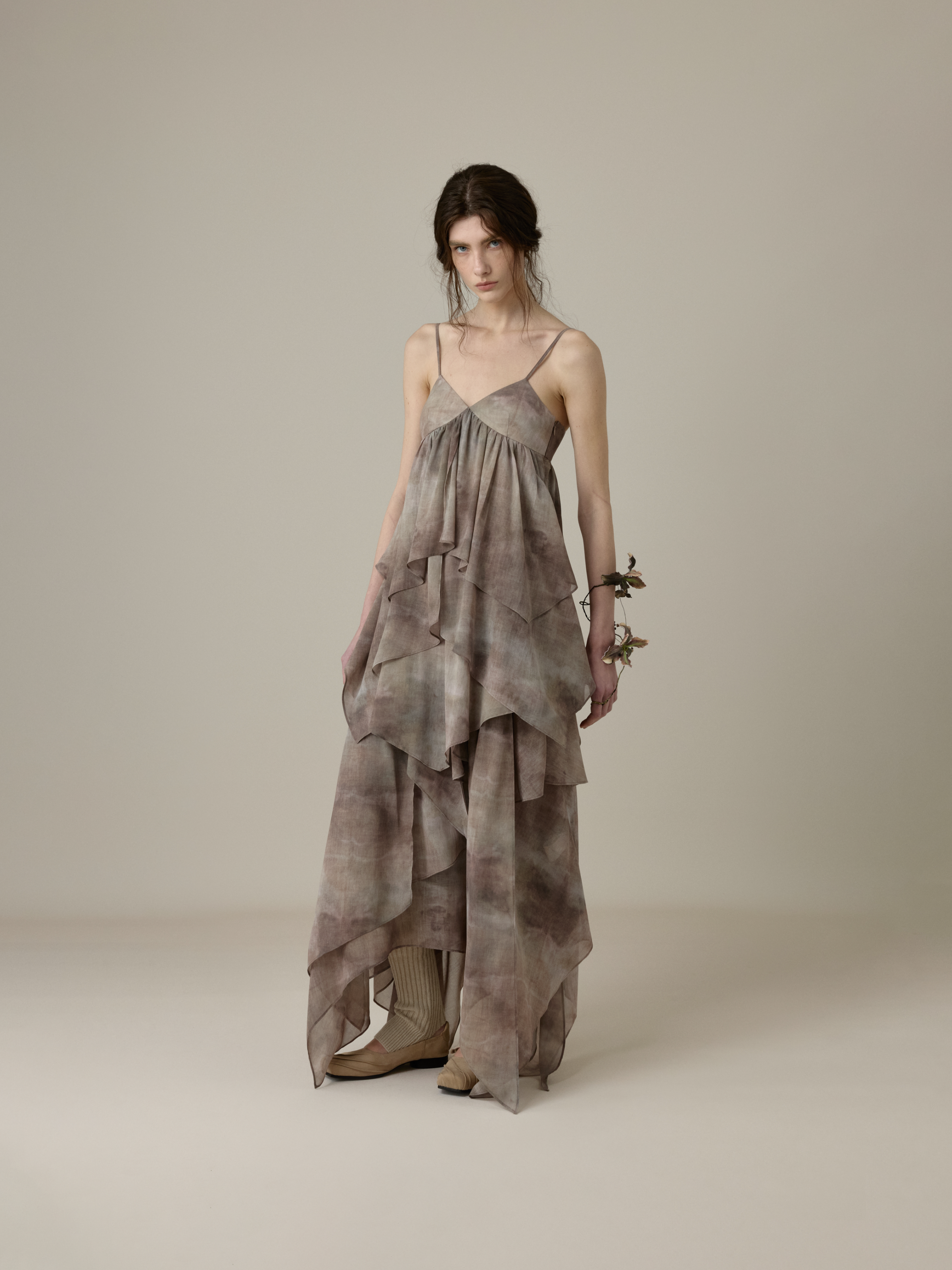 Dusty Rose Ink Print Flounce Strap Top