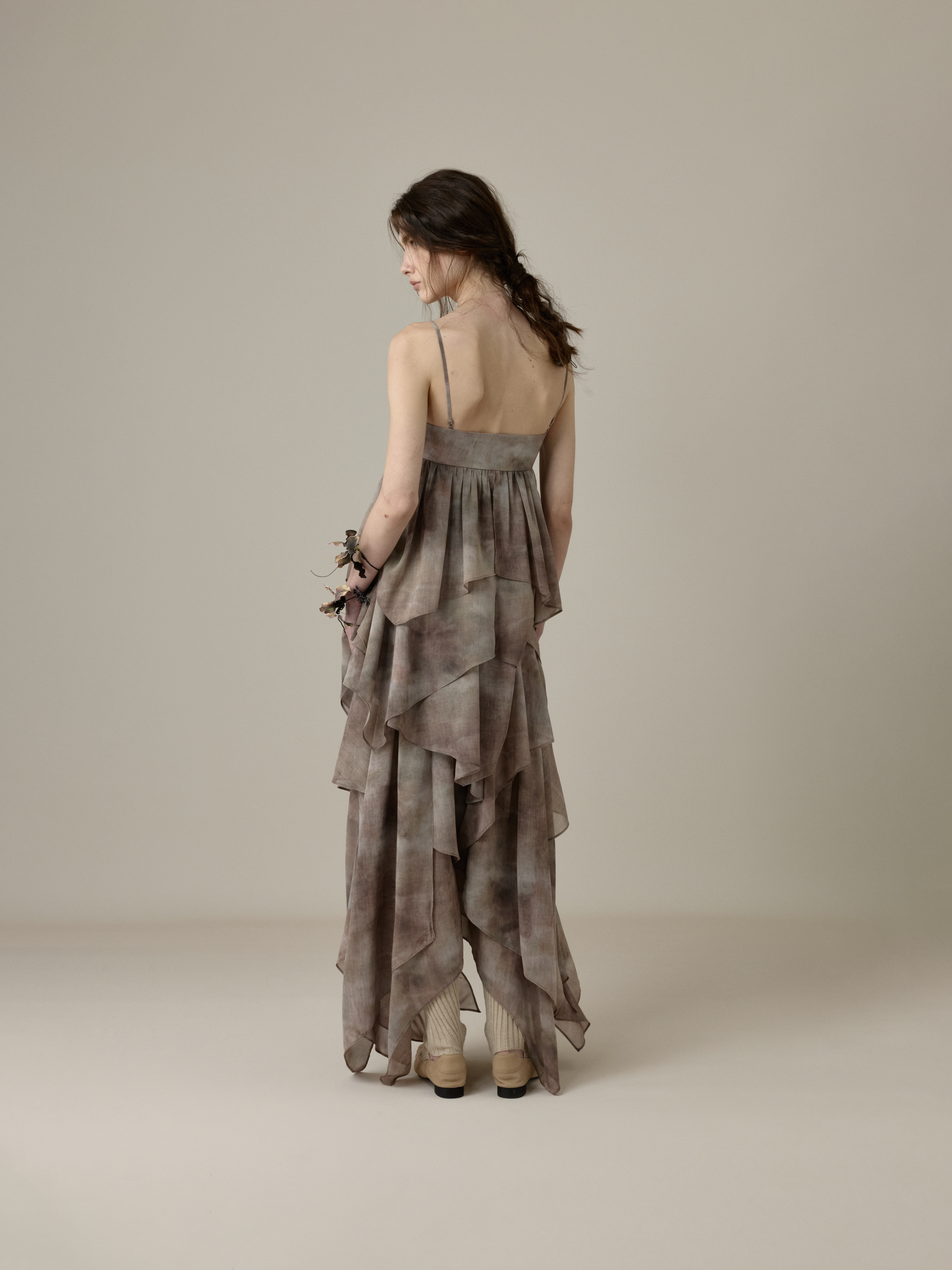 Dusty Rose Ink Print Flounce Strap Top