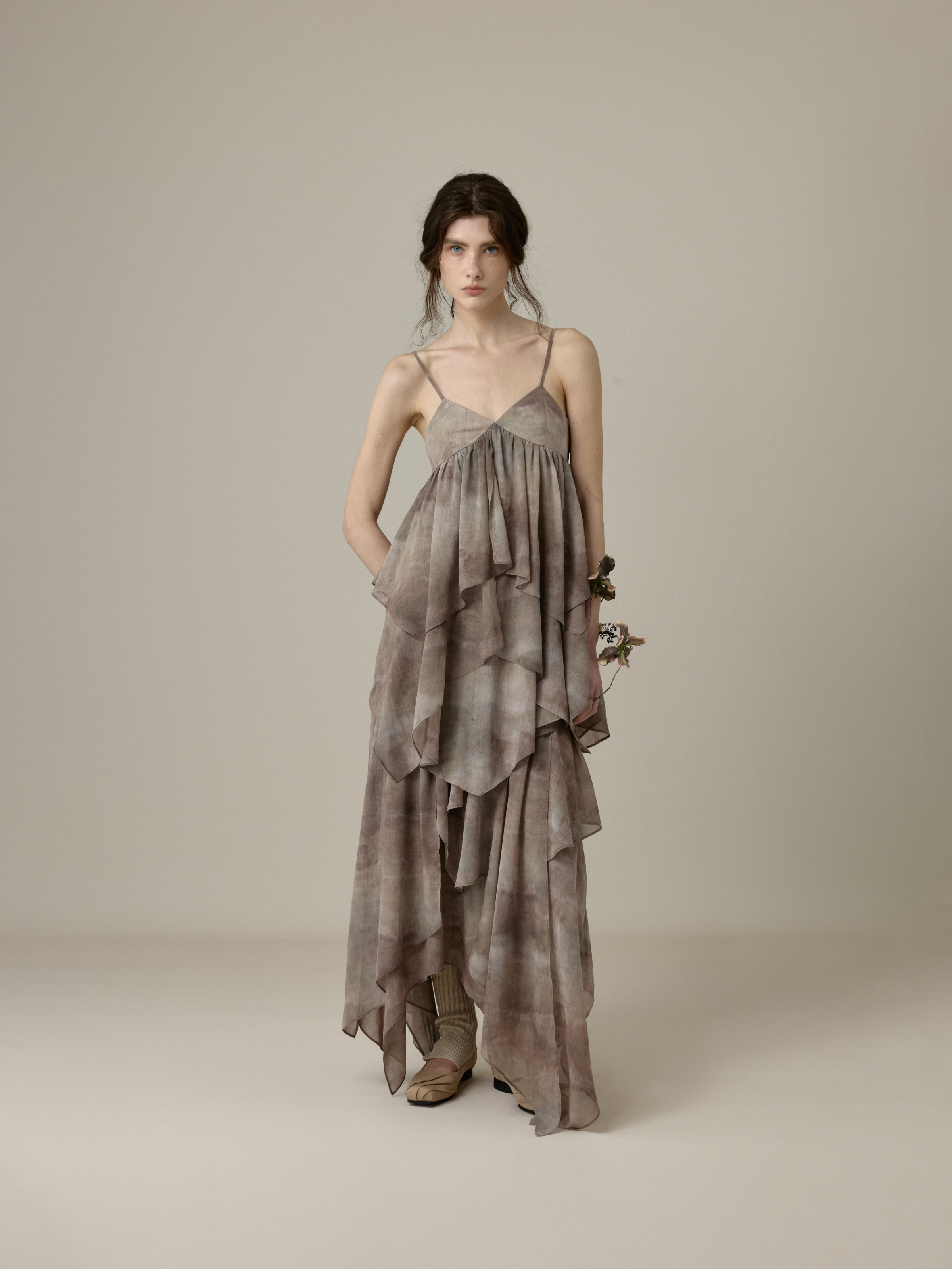 Dusty Rose Ink Print Flounce Strap Top