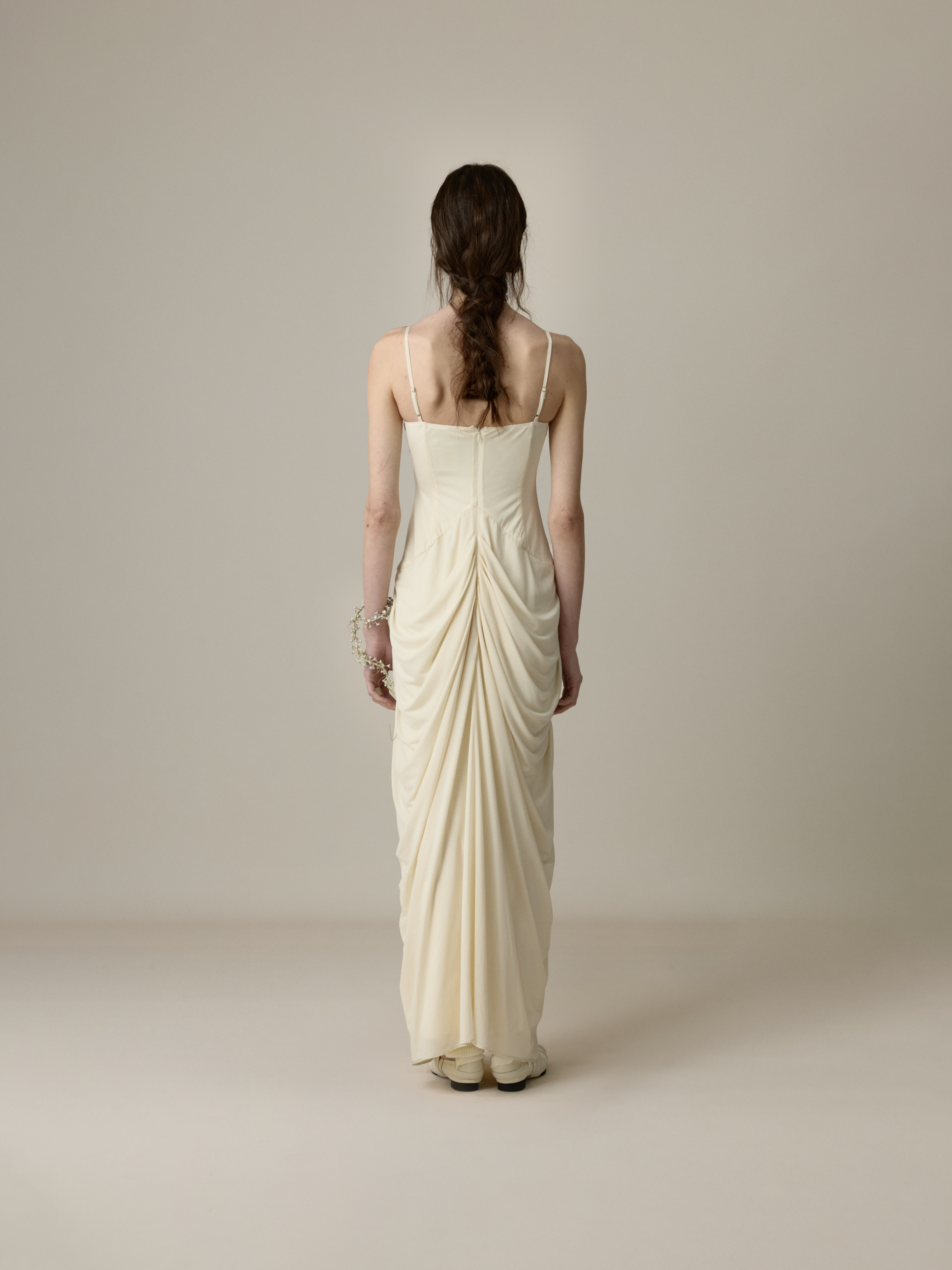 Cream White Ruched Draped Dress