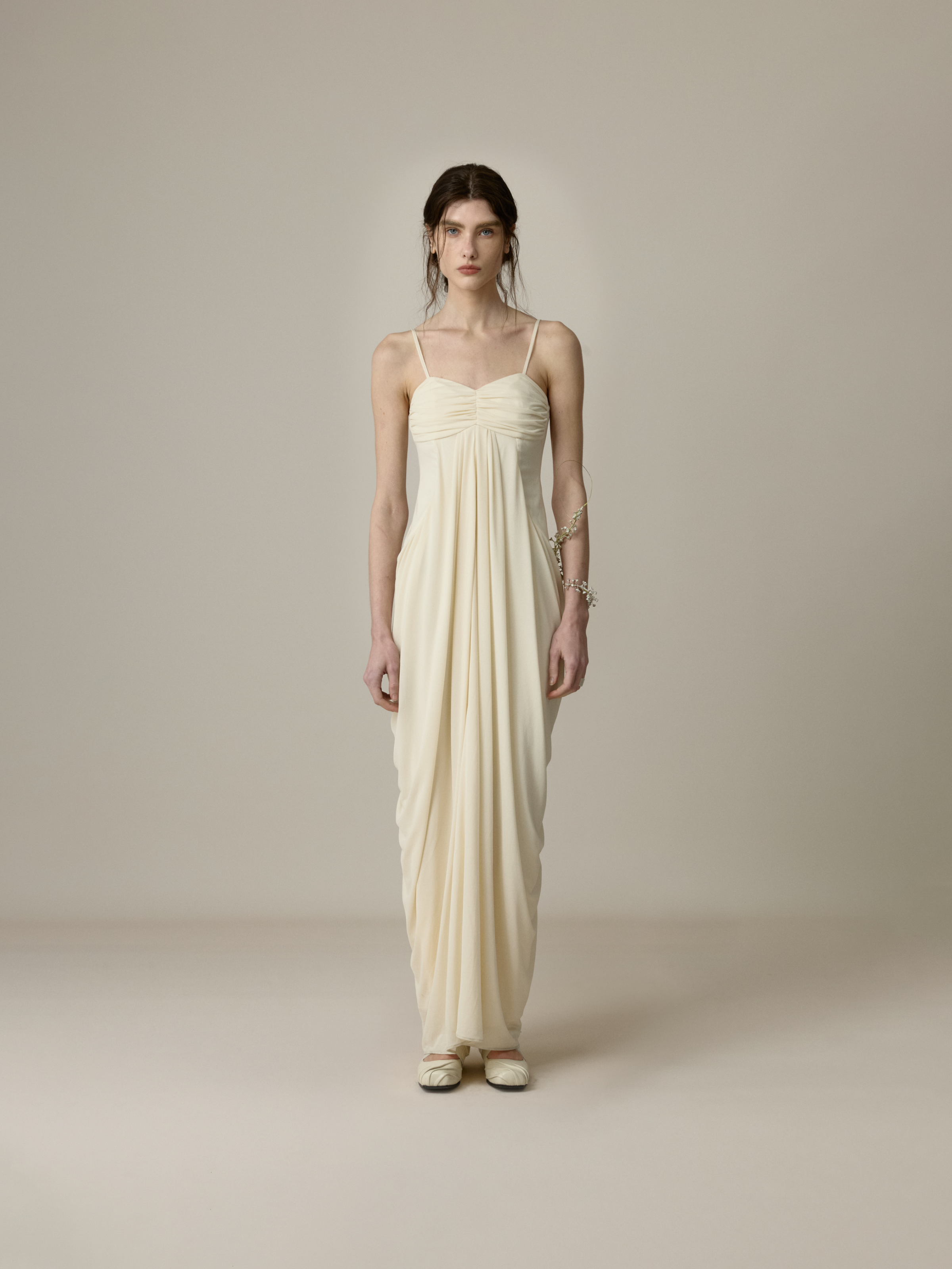 Cream White Ruched Draped Dress