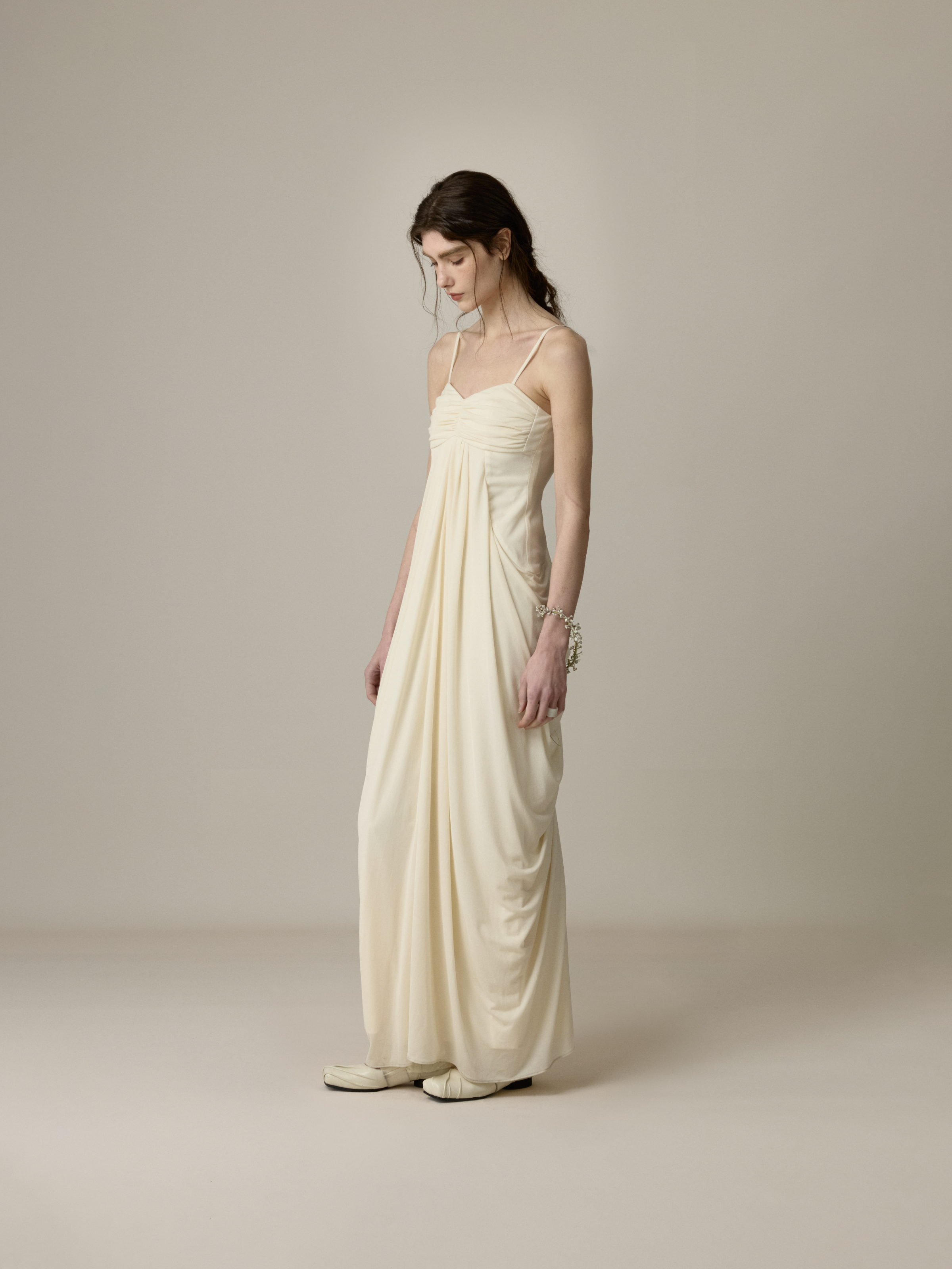 Cream White Ruched Draped Dress