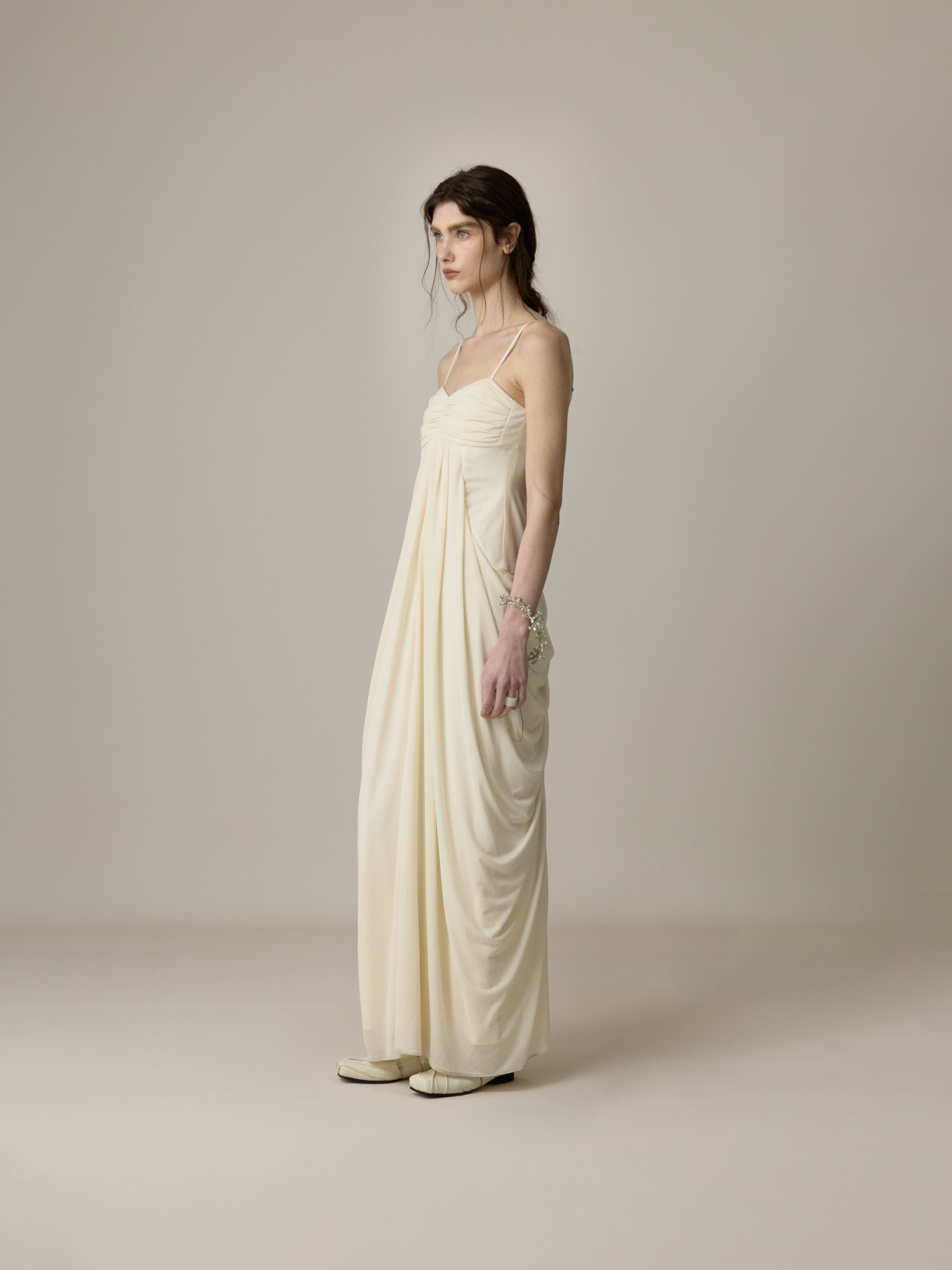 Cream White Ruched Draped Dress