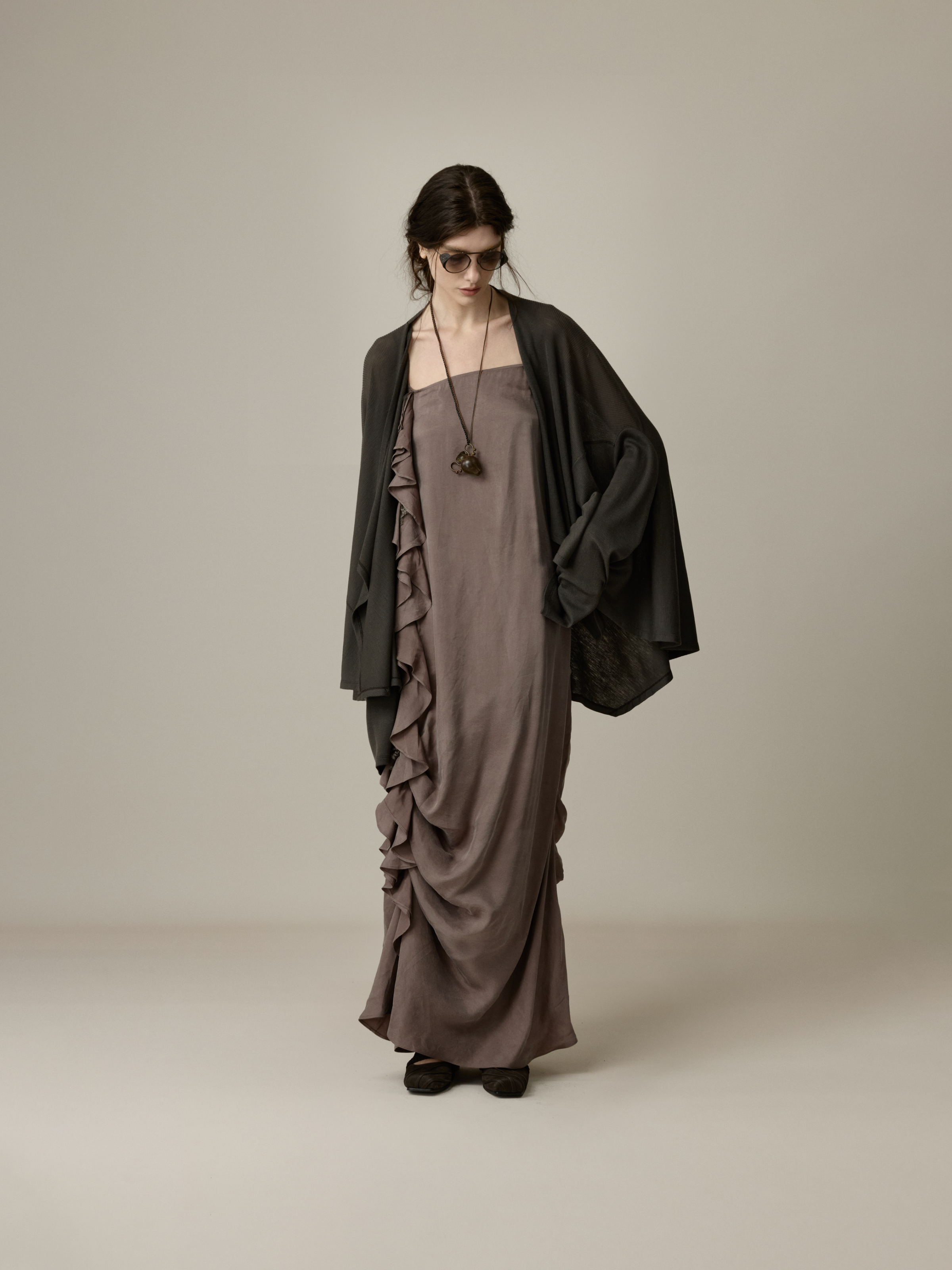 Paneled Drop-Shoulder Knit Cardigan
