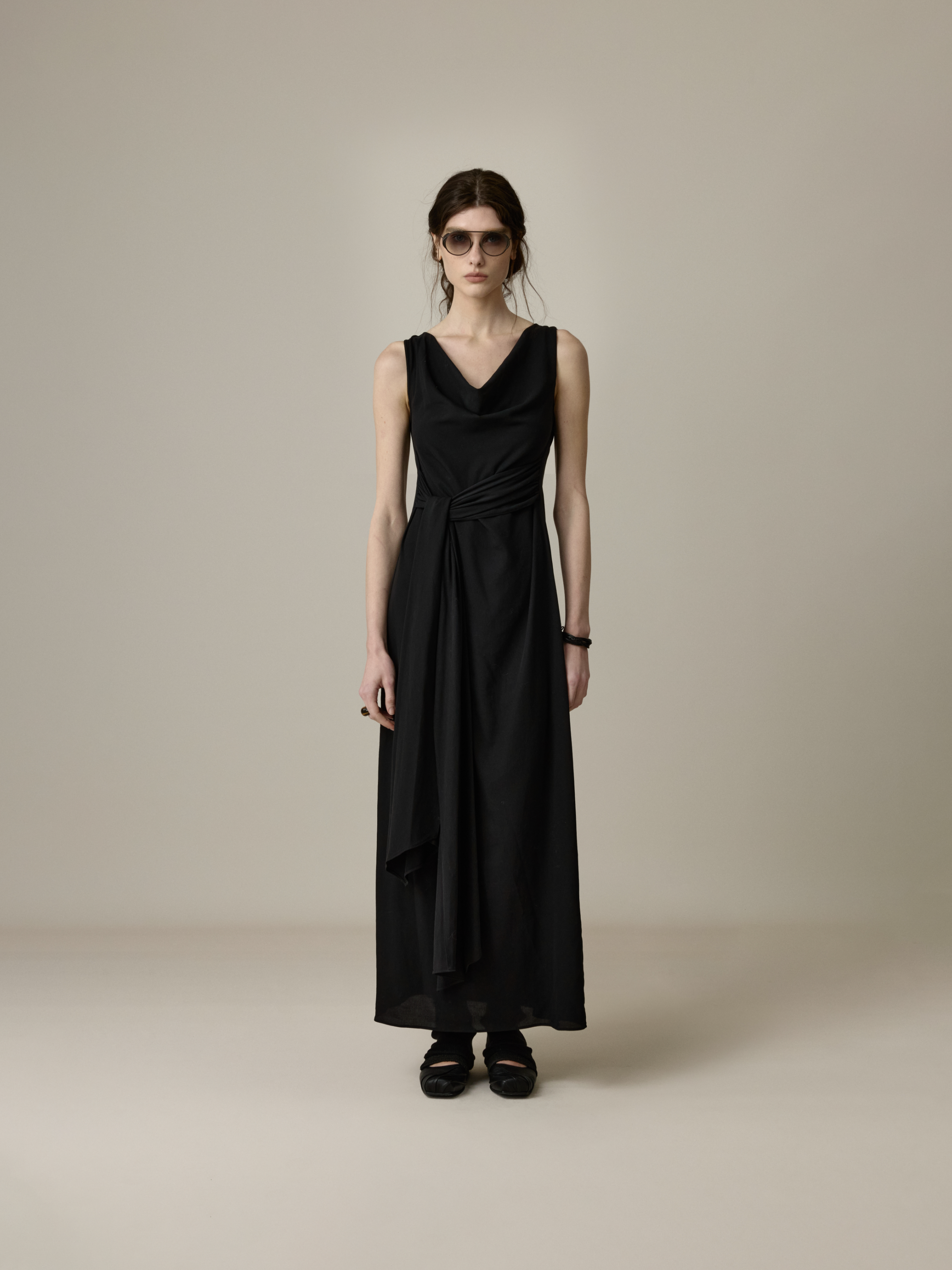 Black Draped-Collar Tie-Waist Dress