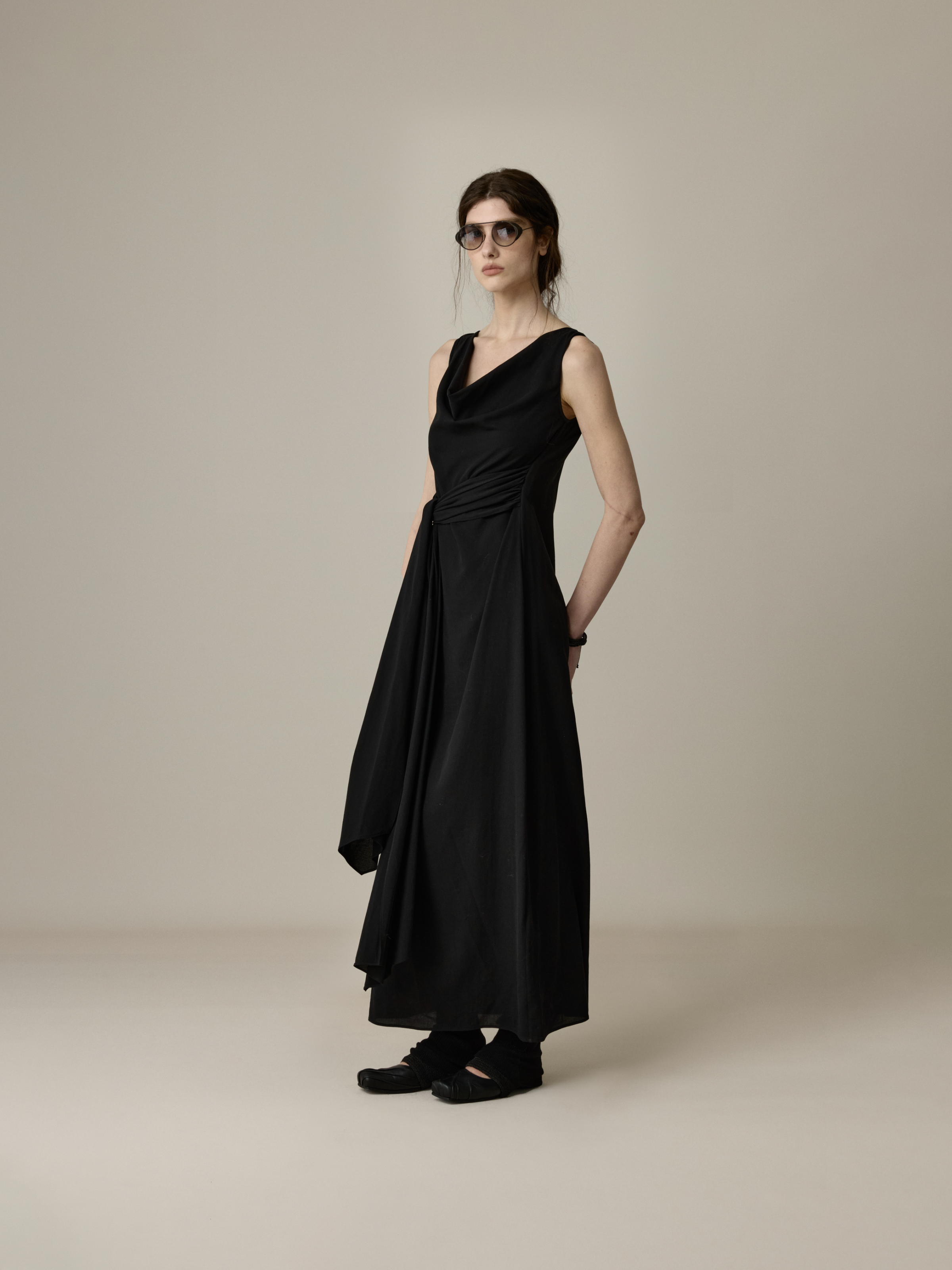 Black Draped-Collar Tie-Waist Dress