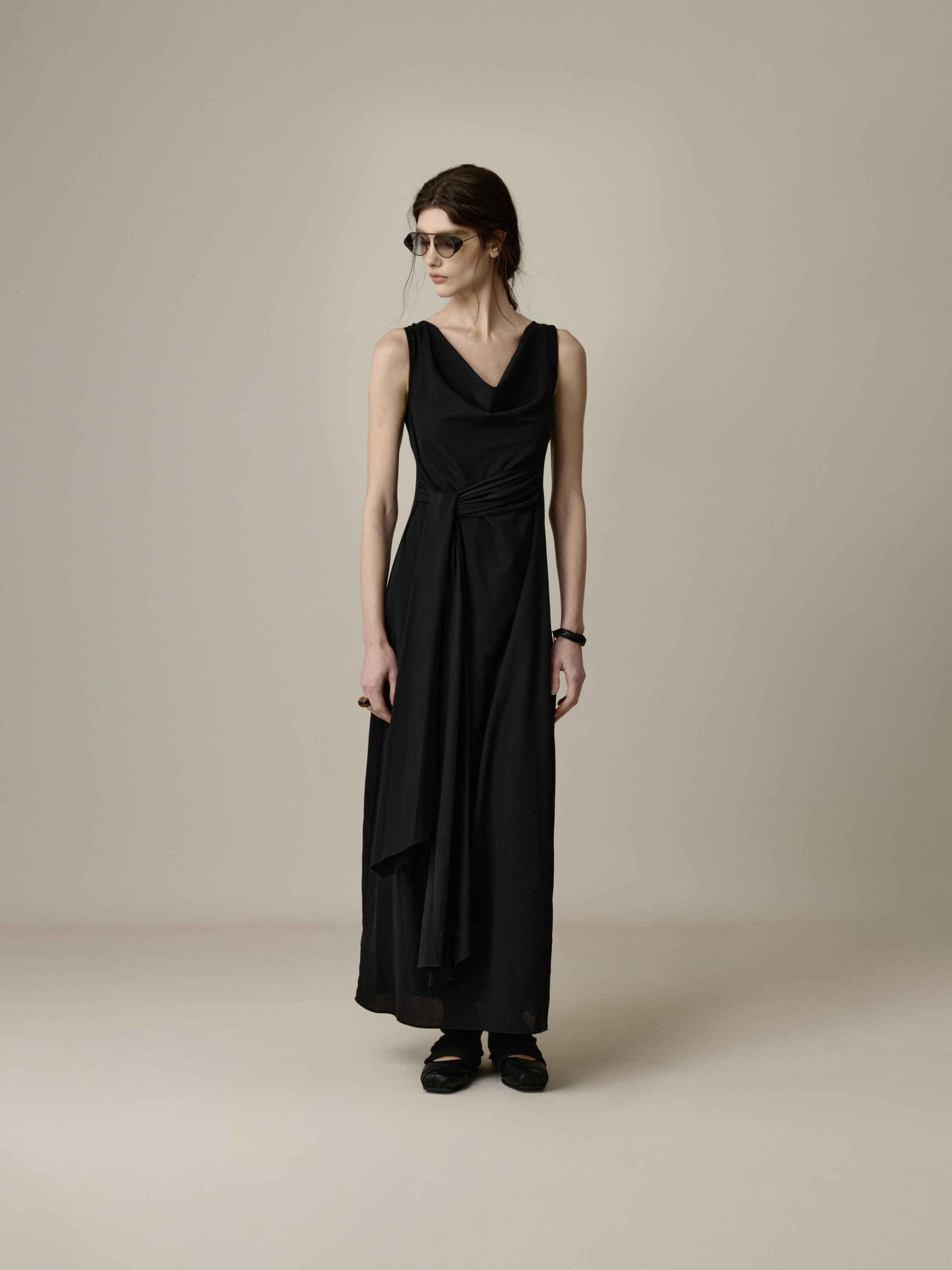 Black Draped-Collar Tie-Waist Dress