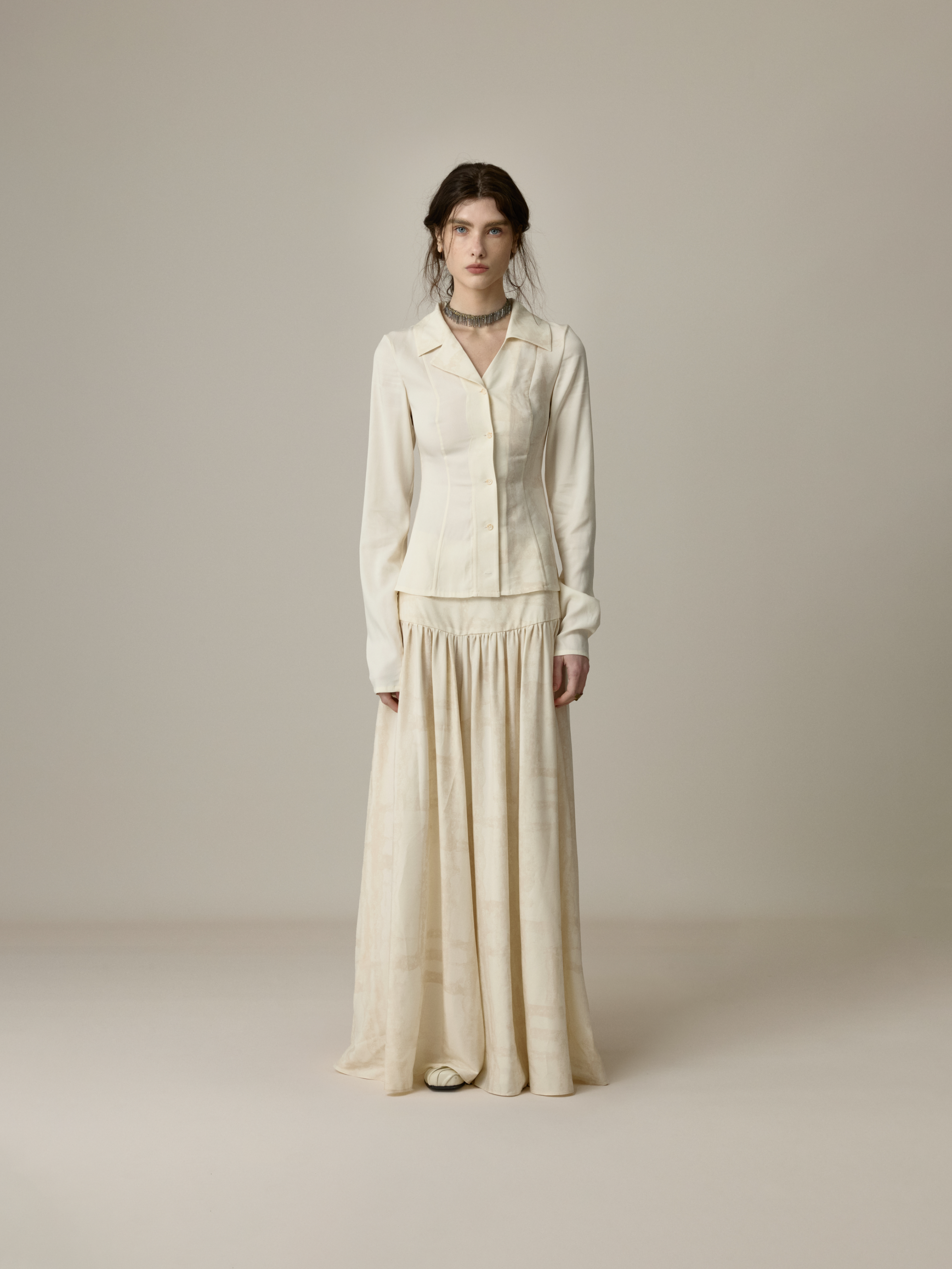 Creamy White Printed Wide-Waistband Shirred Wide-Leg Pants