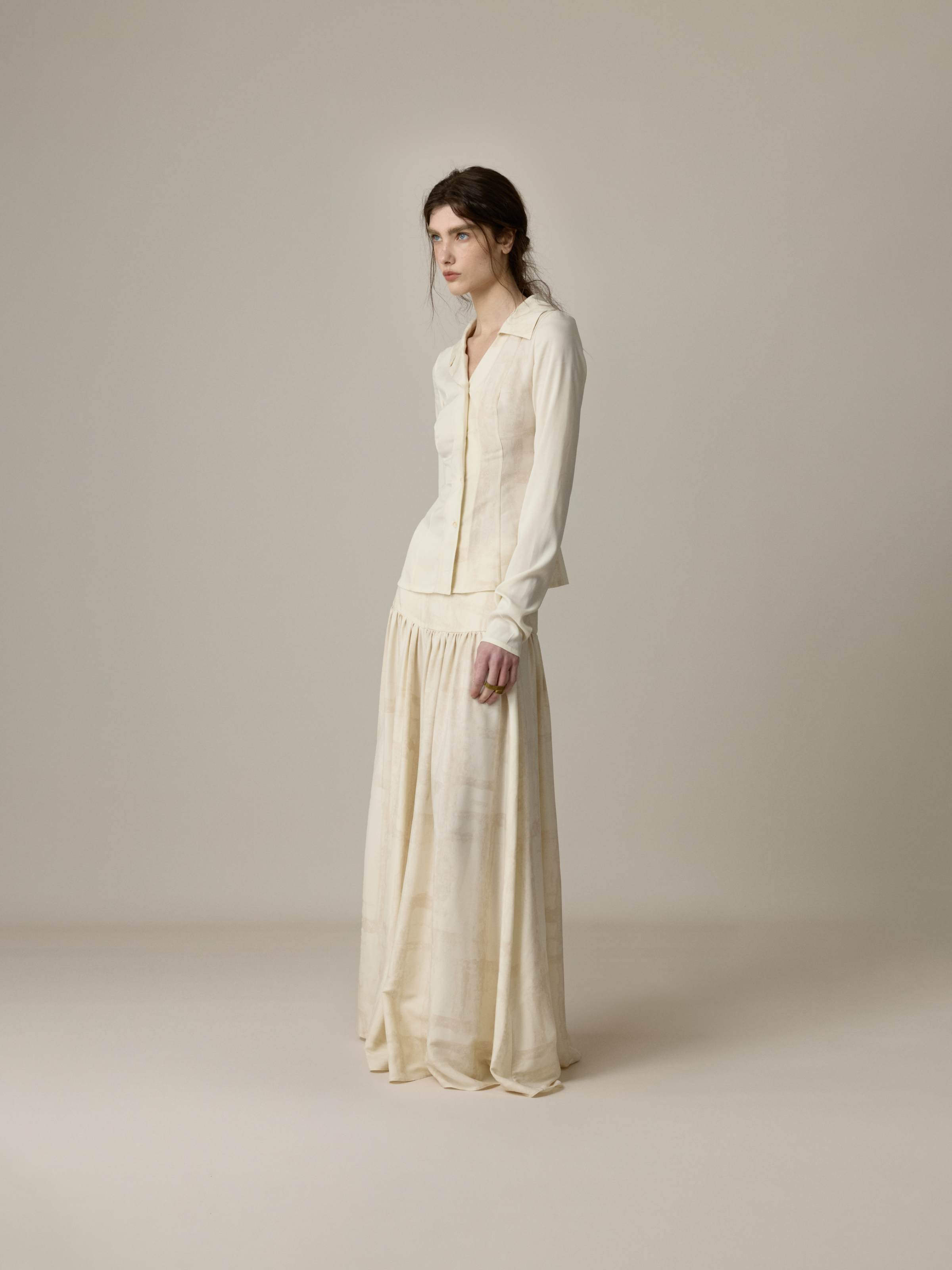 Creamy White Printed Wide-Waistband Shirred Wide-Leg Pants