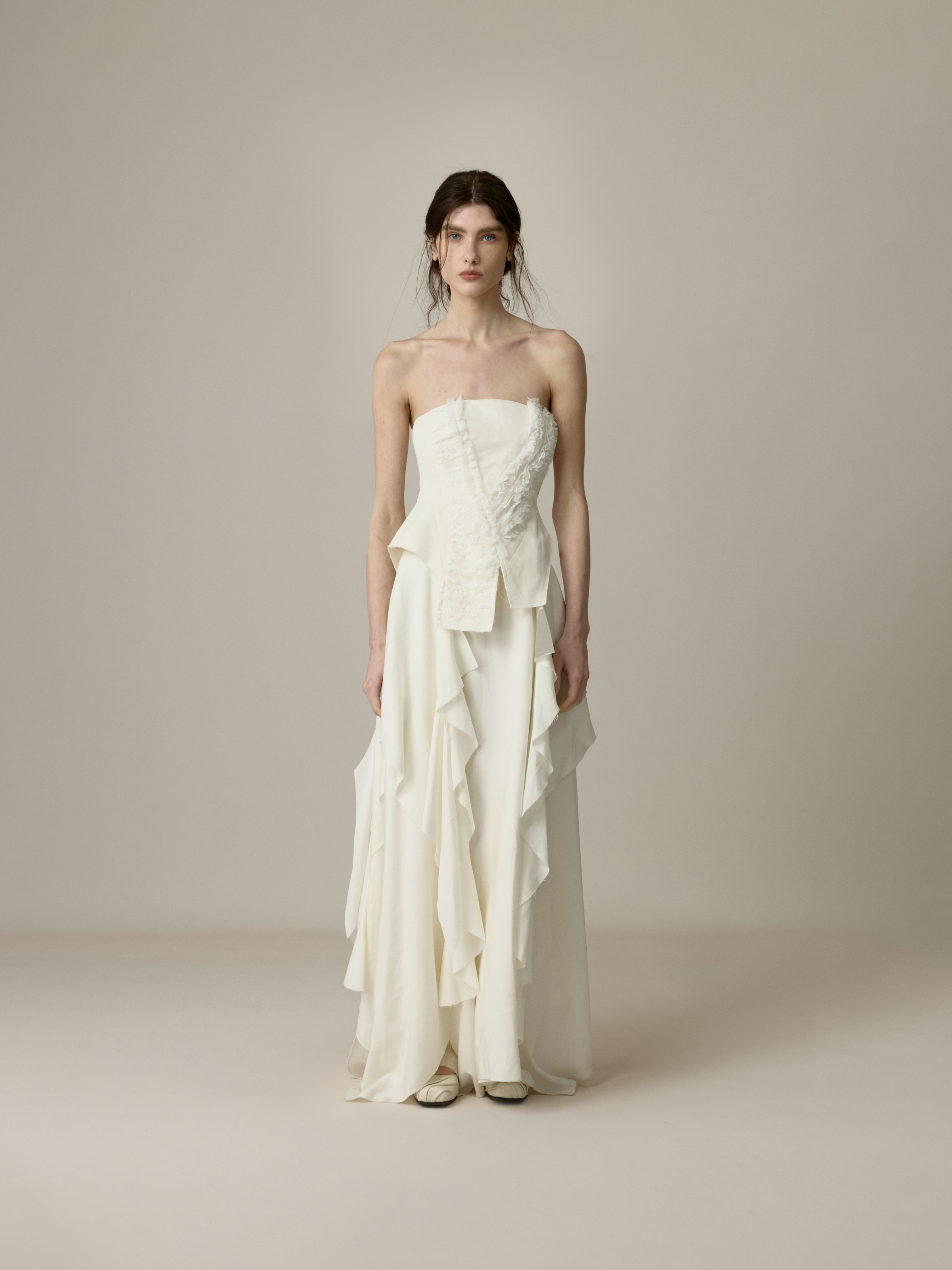 White Lace Trim Paneled Strapless Top