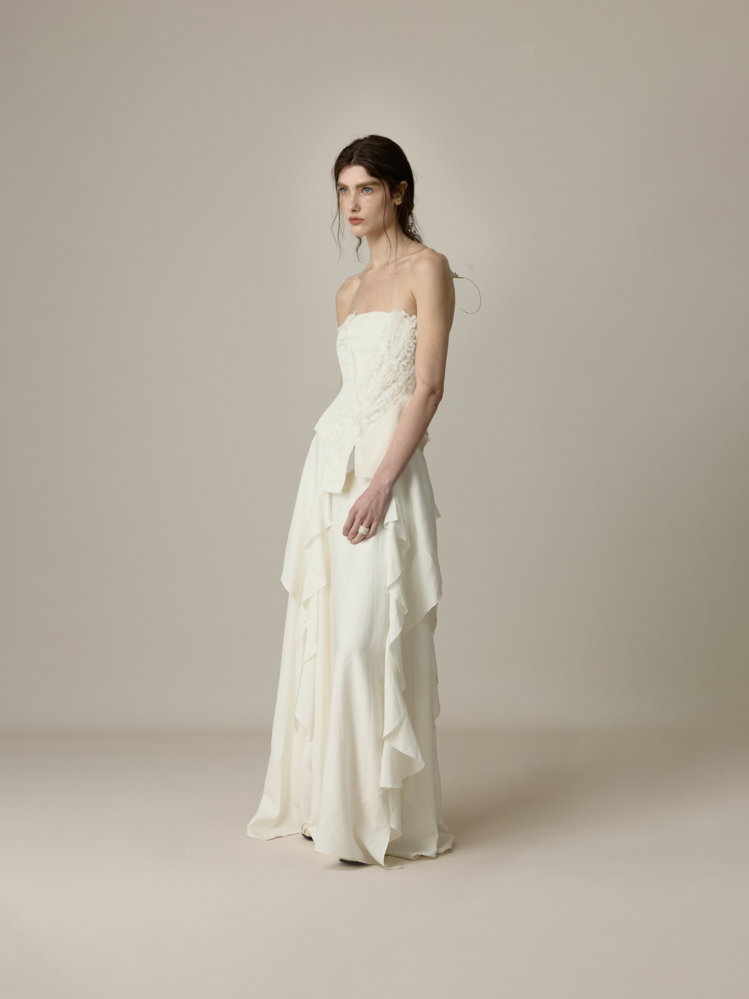 White Lace Trim Paneled Strapless Top