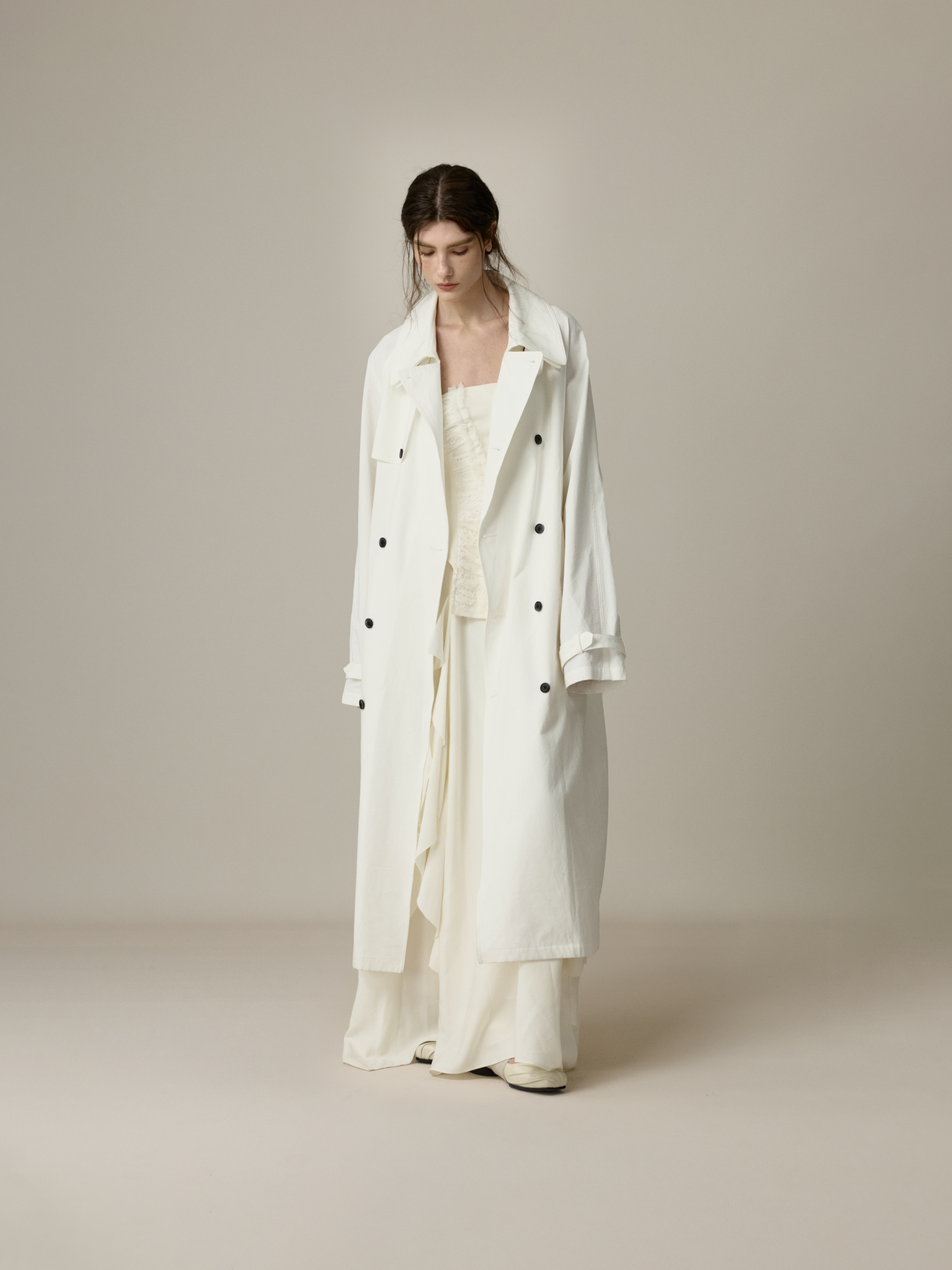 White Stand-Collar Oversized Trench Coat