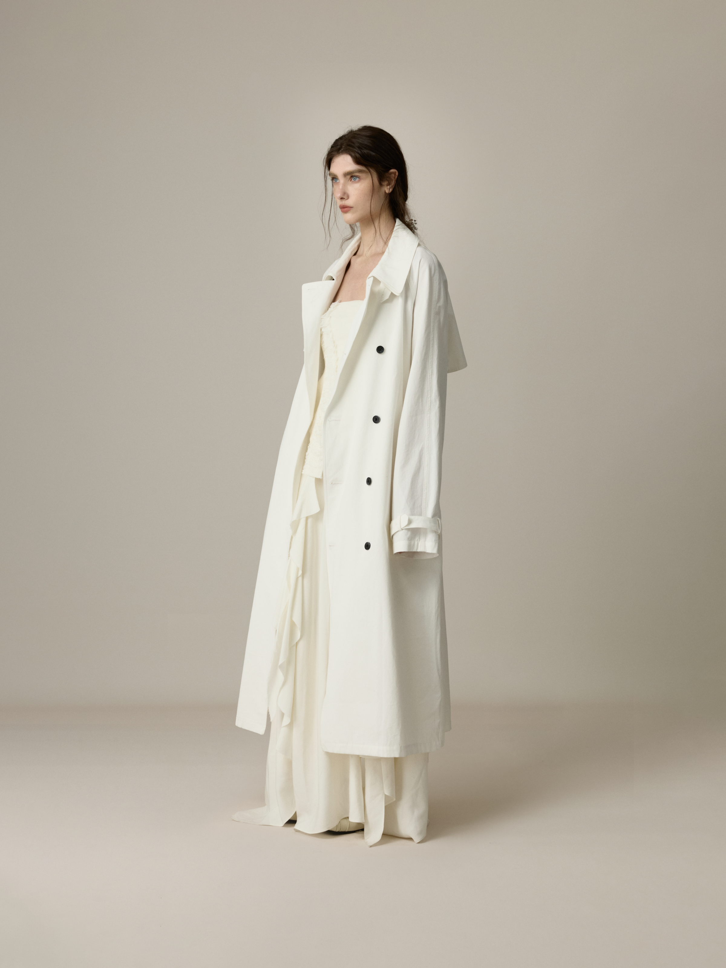 White Stand-Collar Oversized Trench Coat