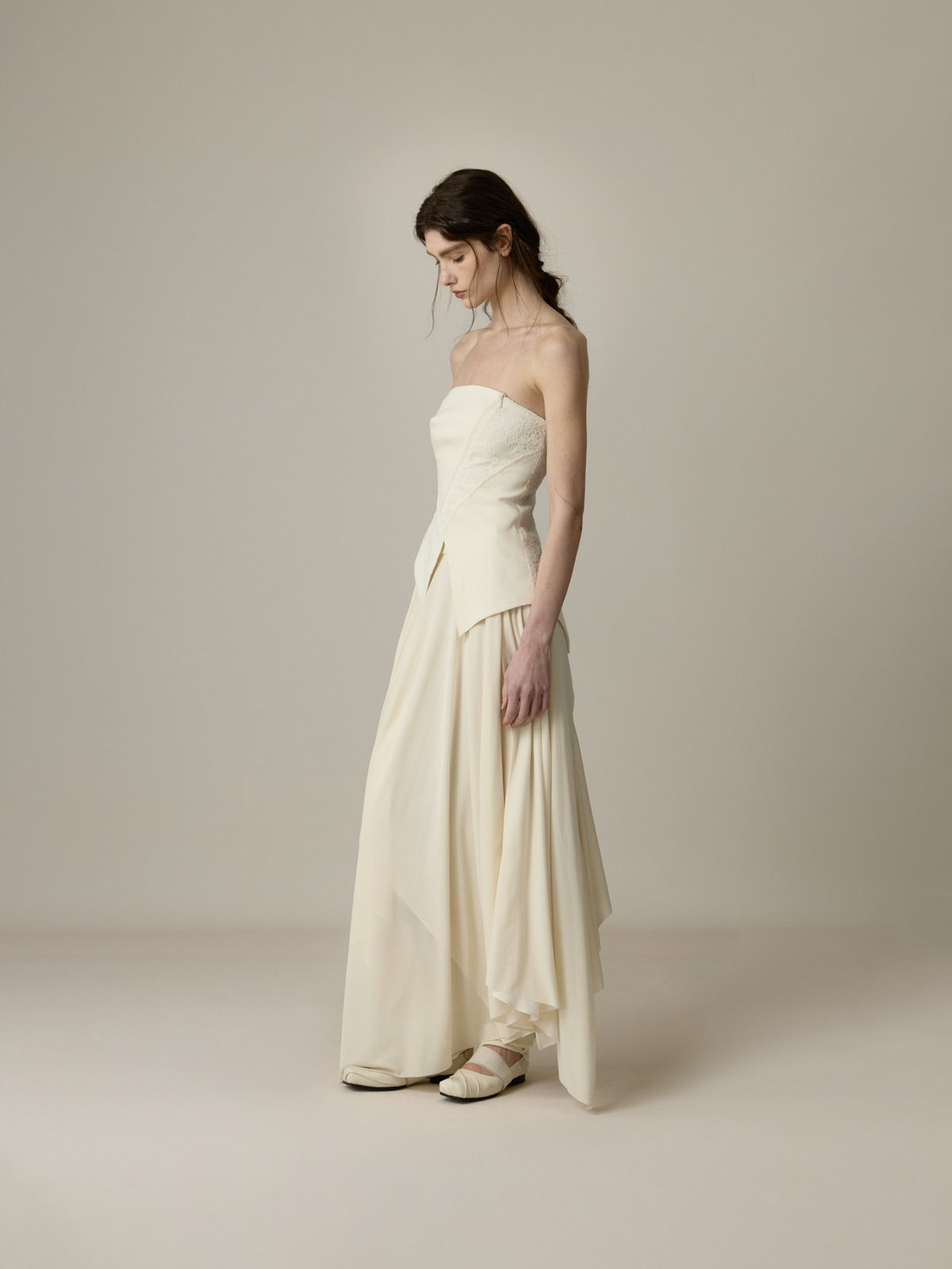 Cream Asymmetric Shirred Flounce Panel Skirt