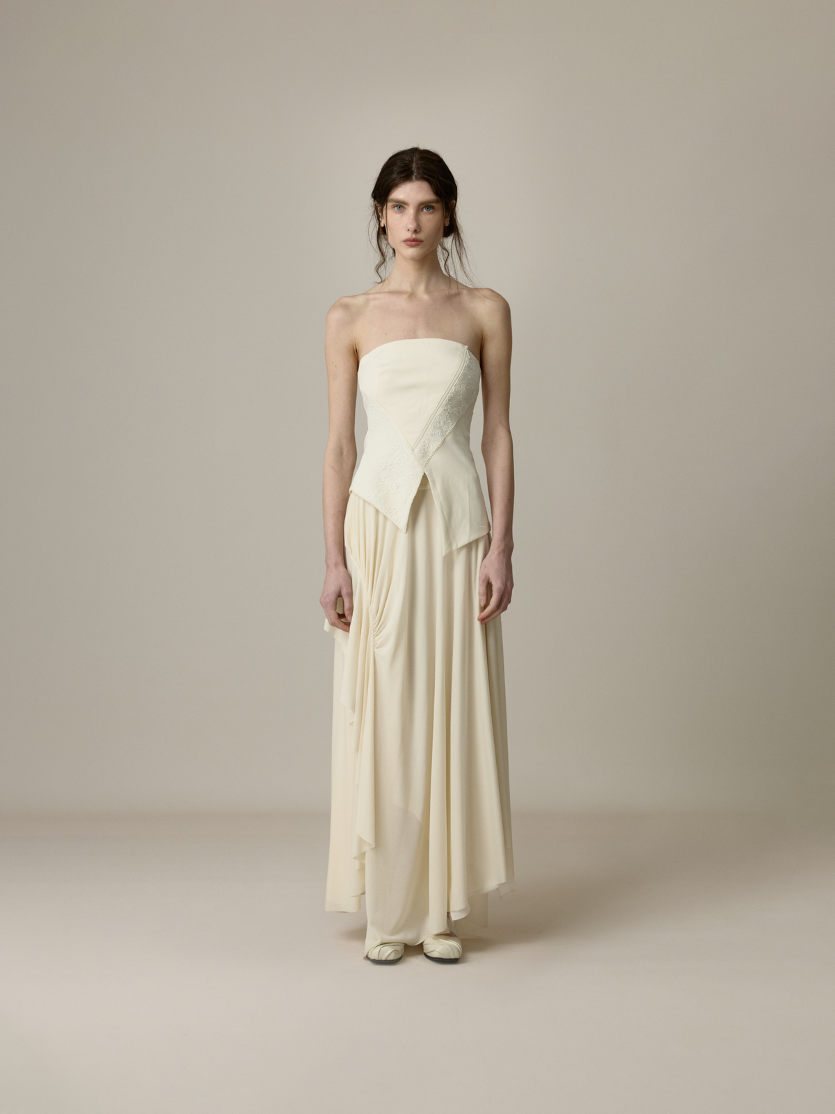 Cream Asymmetric Shirred Flounce Panel Skirt