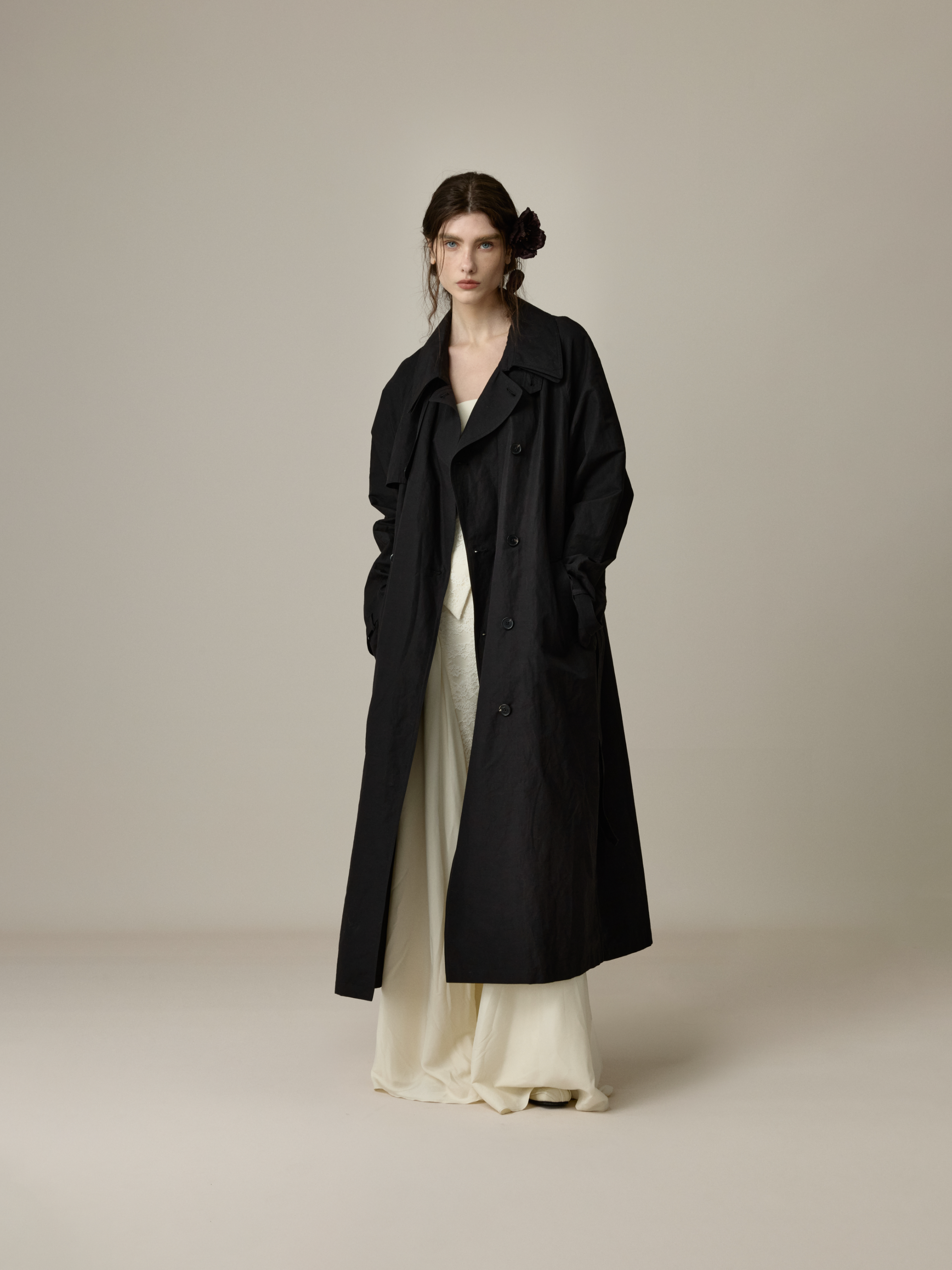 Black Stand-Collar Oversized Trench Coat