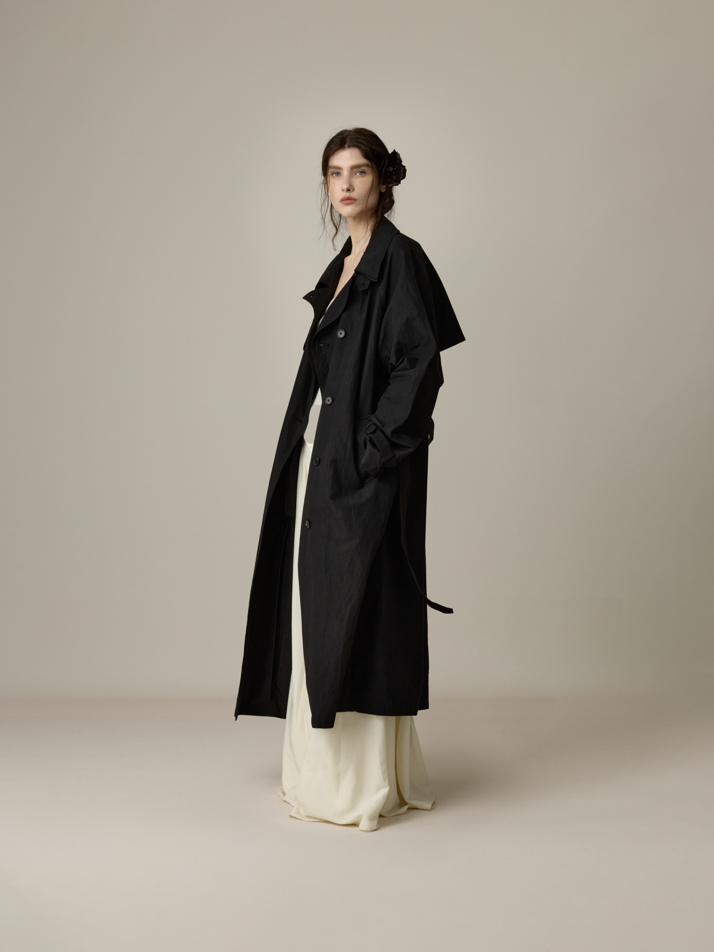 Black Stand-Collar Oversized Trench Coat