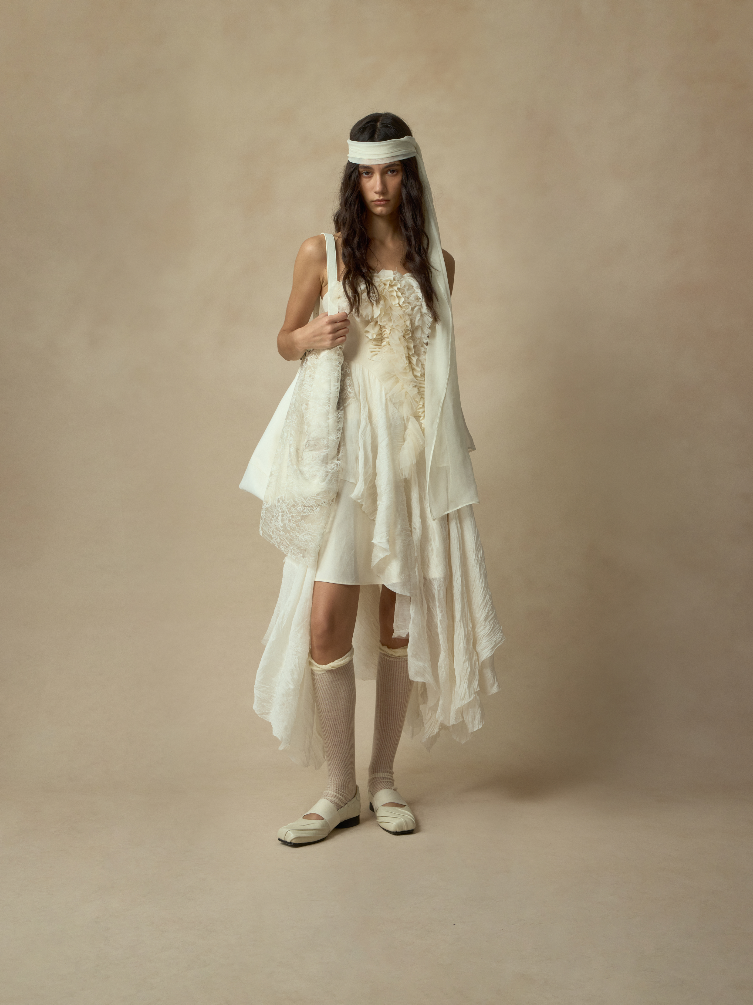 White Heavy-Detailing Smocked Strapless Dress