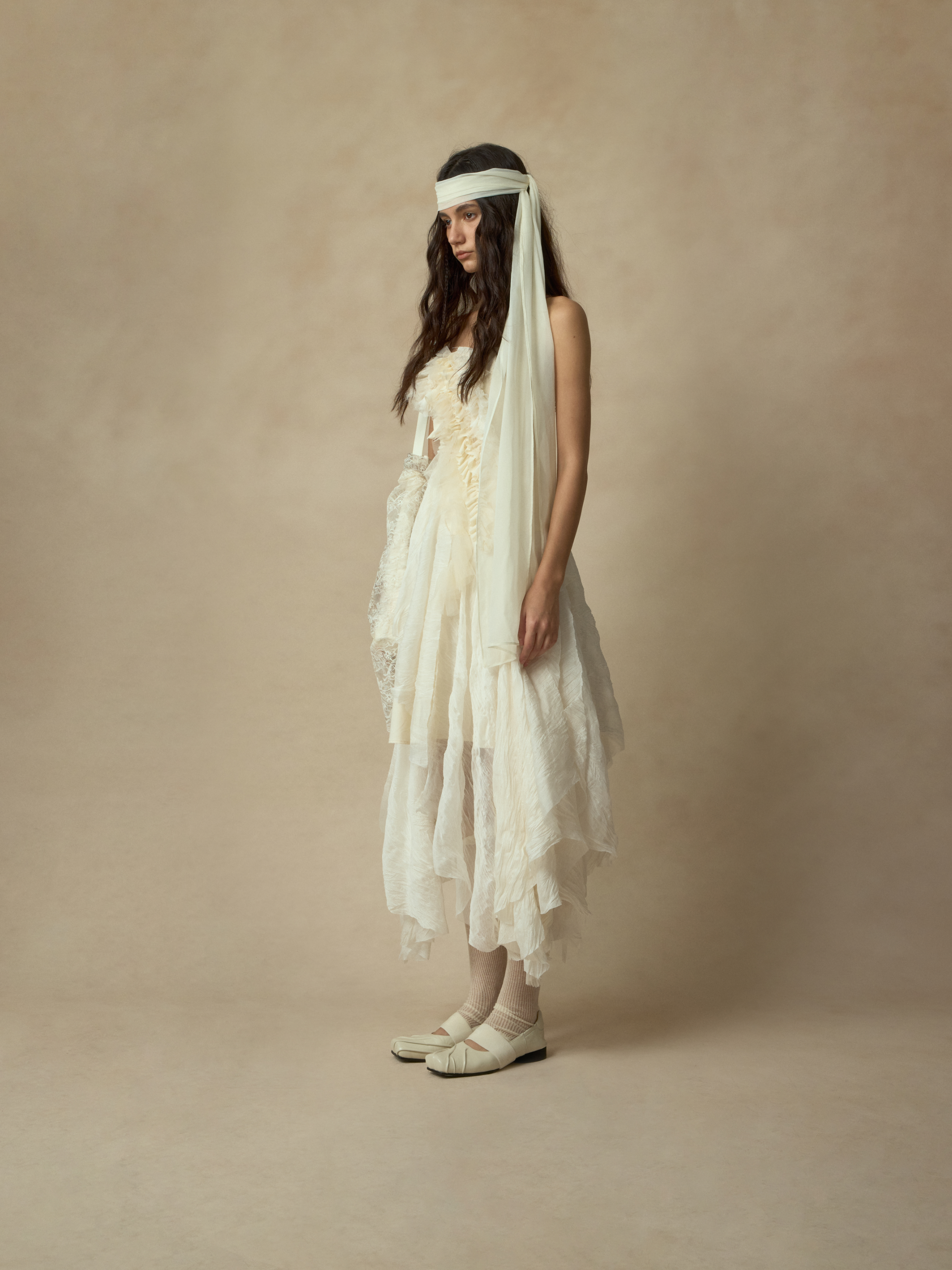 White Heavy-Detailing Smocked Strapless Dress