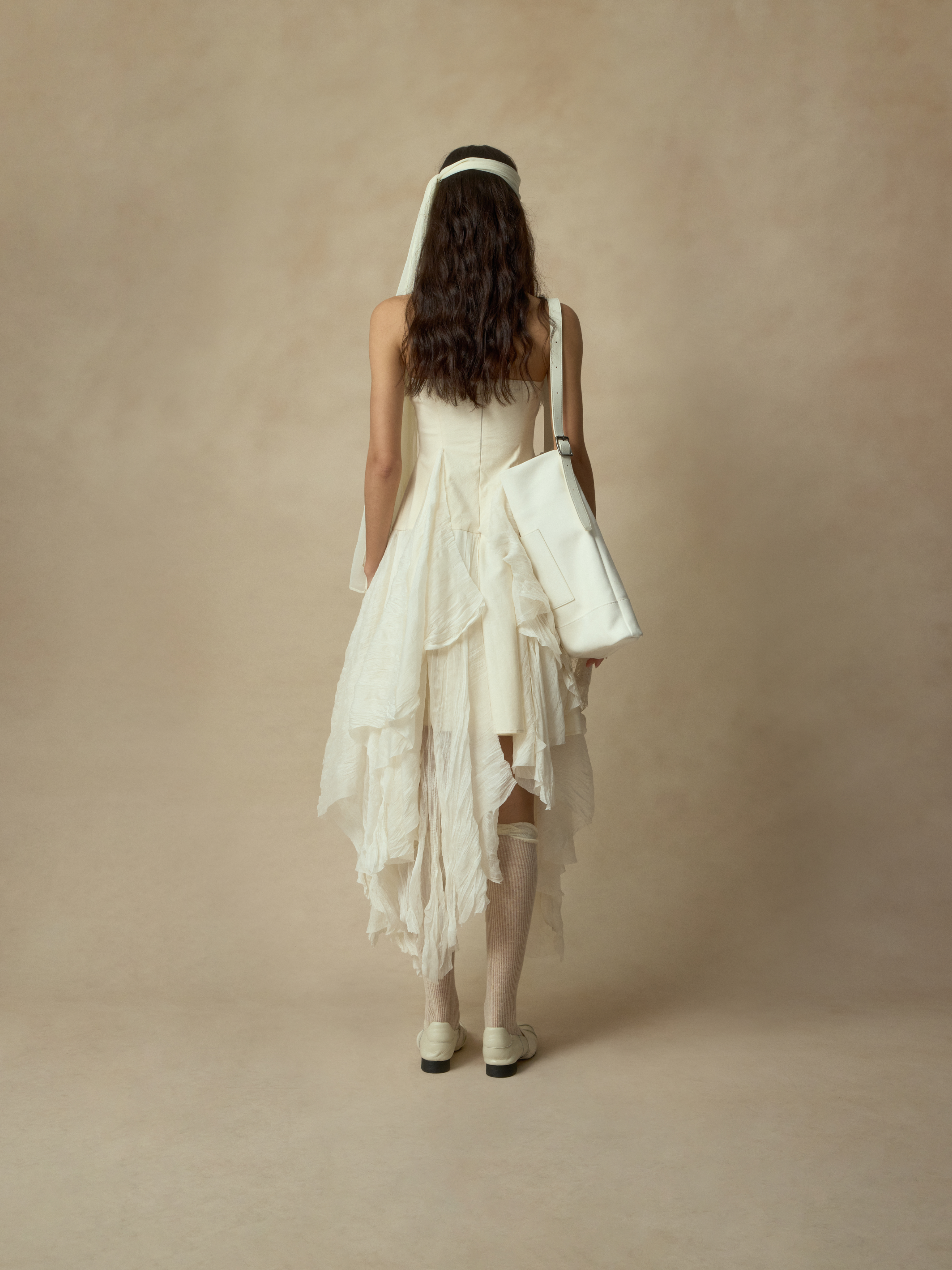 White Heavy-Detailing Smocked Strapless Dress