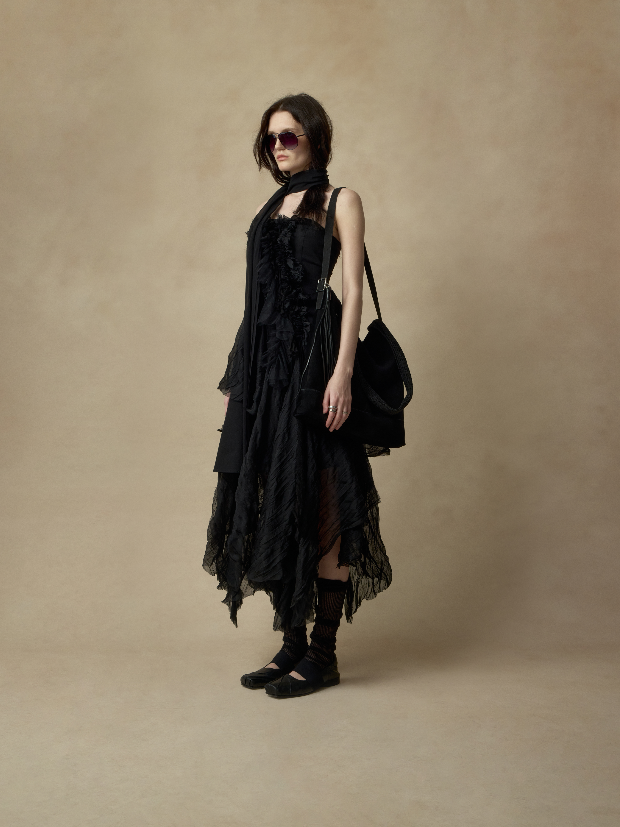 Black Heavy-Detailing Smocked Strapless Dress