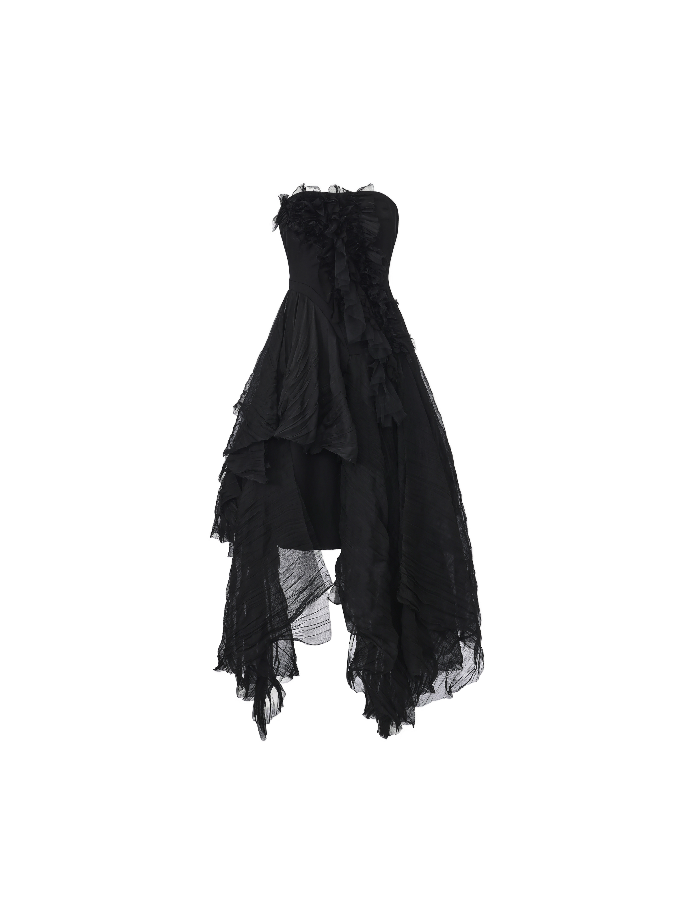 Black Heavy-Detailing Smocked Strapless Dress