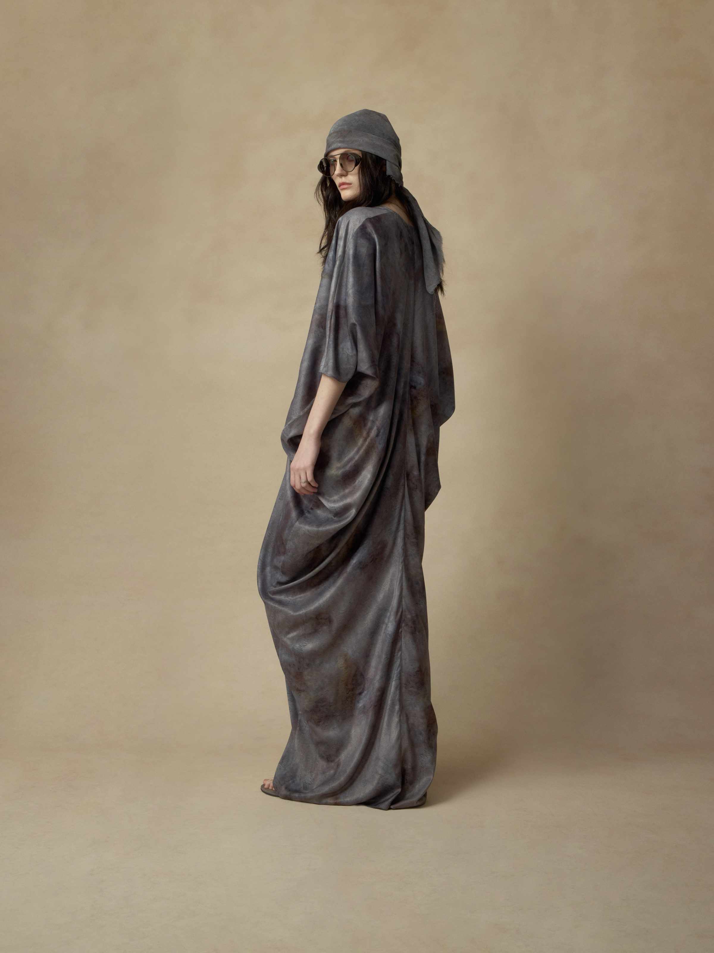 Grey Draped Batwing Sleeve Dress