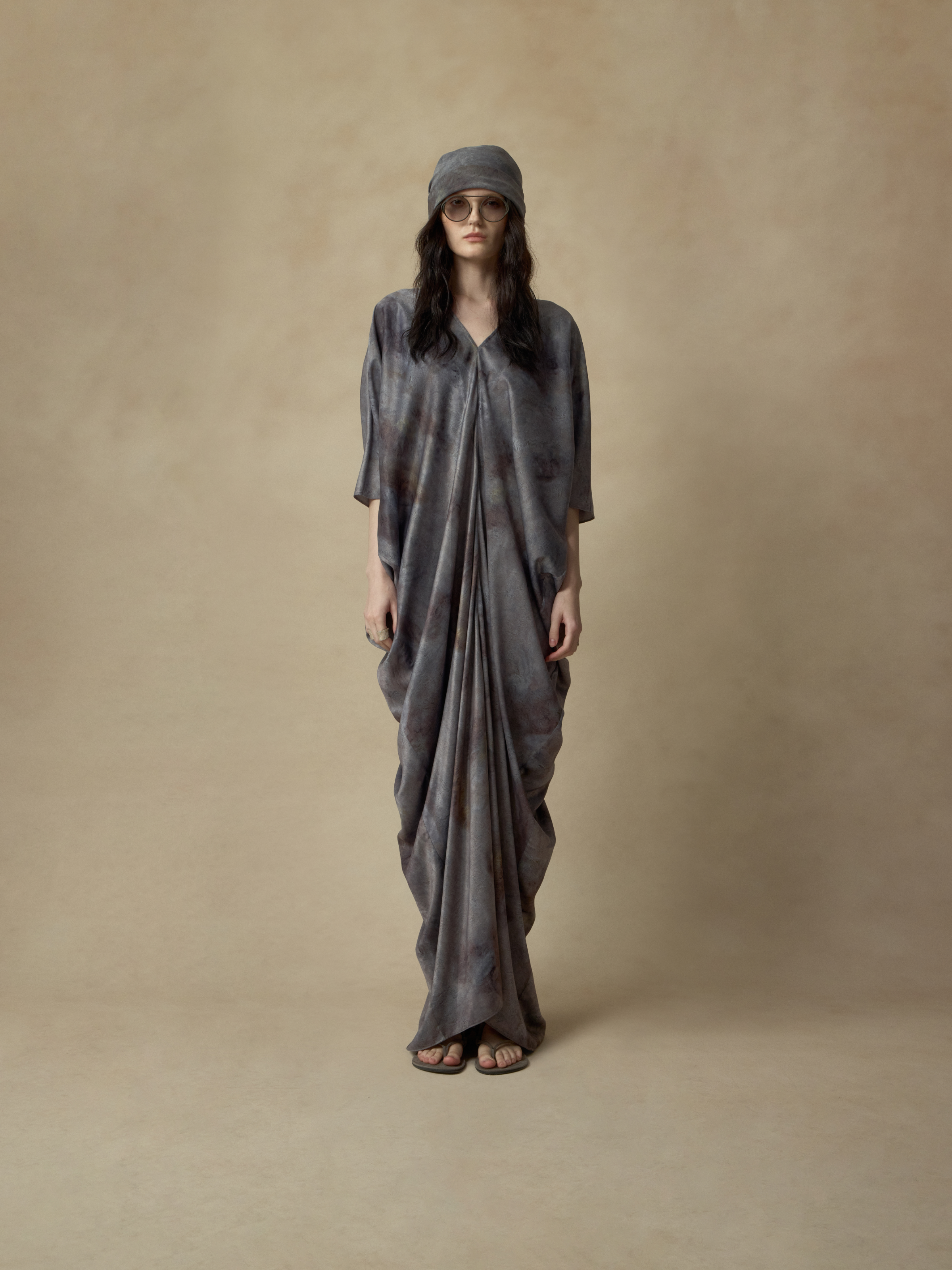 Grey Draped Batwing Sleeve Dress