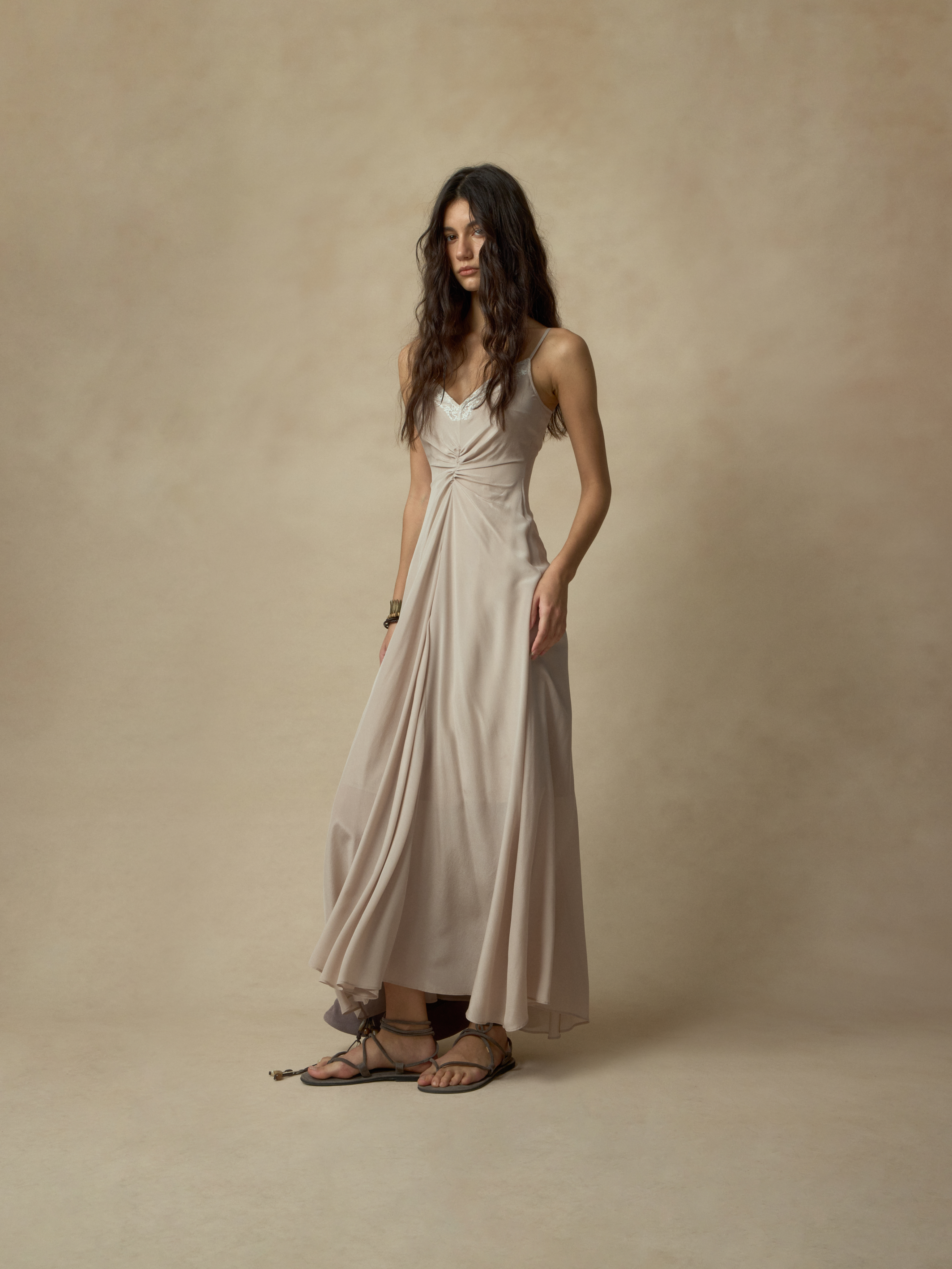 Champagne Pink Silk Lace Trimmed Dress