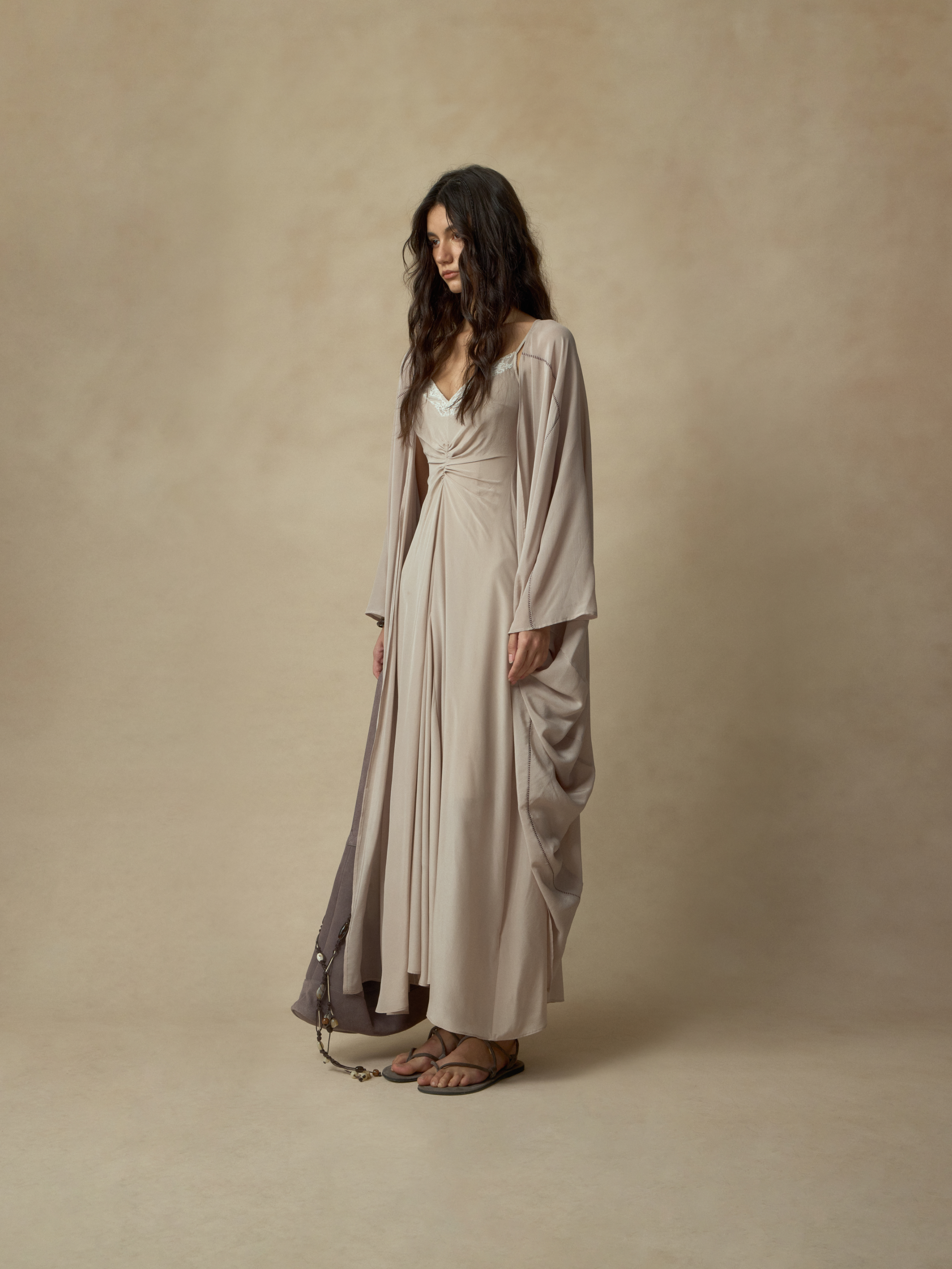 Champagne Pink Silk Draped Long Coat