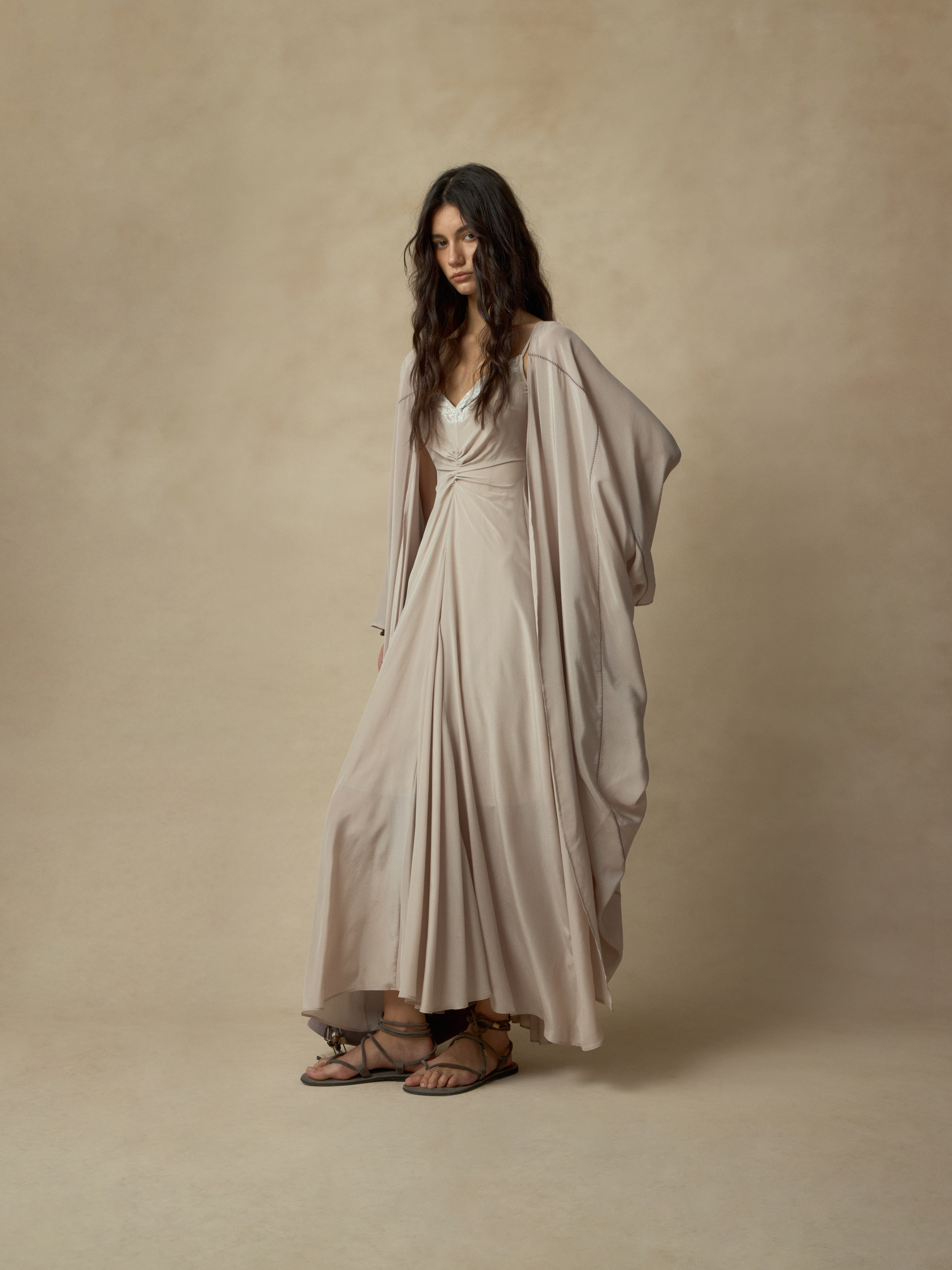 Champagne Pink Silk Draped Long Coat