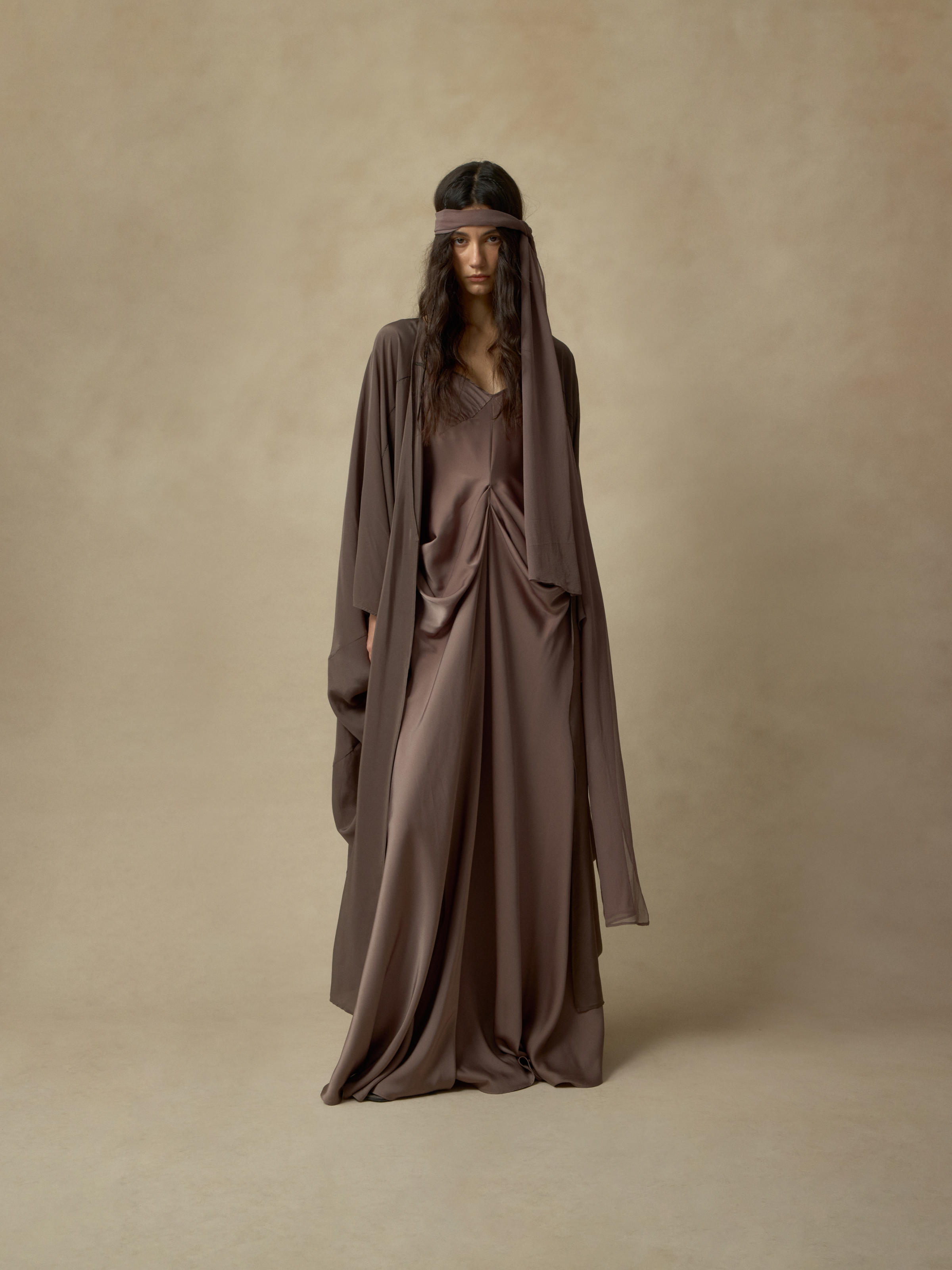 Violet Brown Silk Draped Long Coat